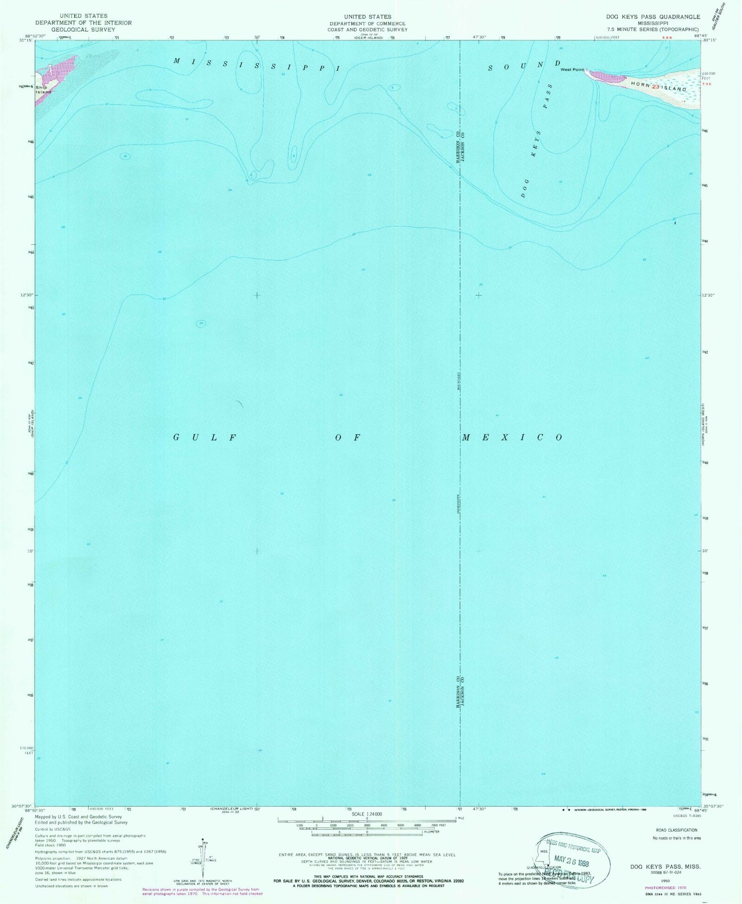 Classic USGS Dog Keys Pass Mississippi 7.5'x7.5' Topo Map Image