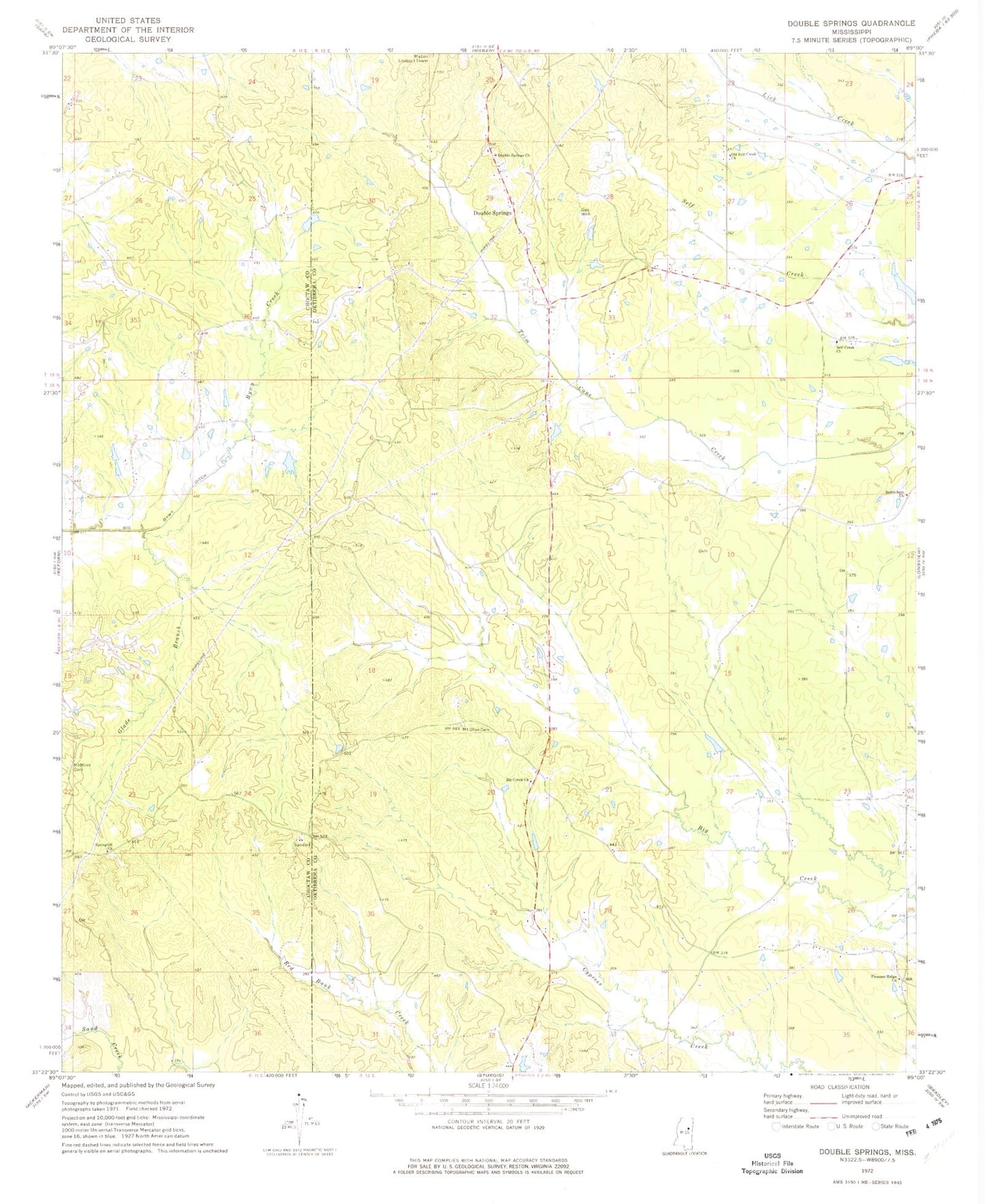 Classic USGS Double Springs Mississippi 7.5'x7.5' Topo Map Image