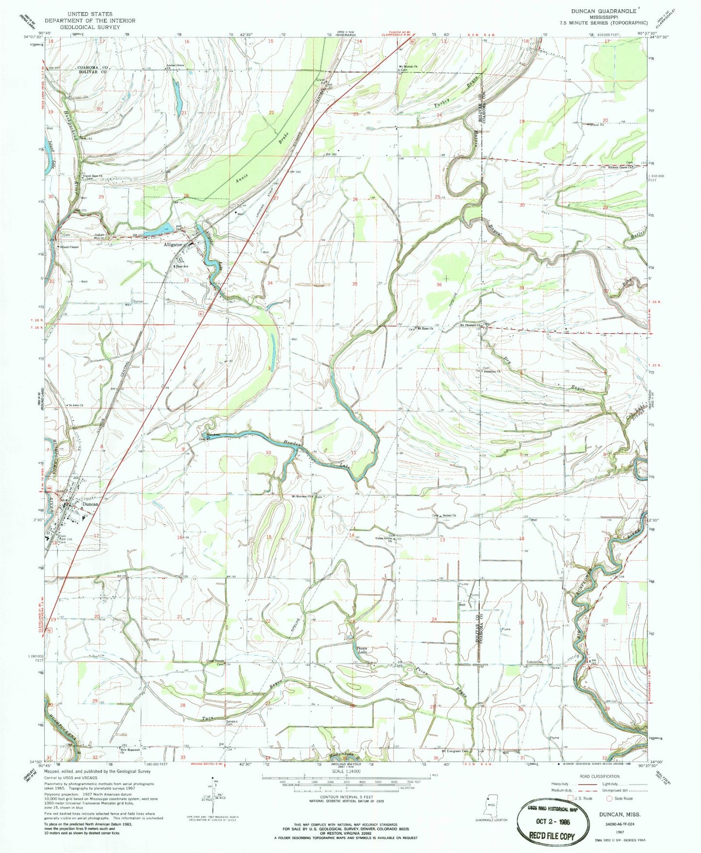 Classic USGS Duncan Mississippi 7.5'x7.5' Topo Map Image