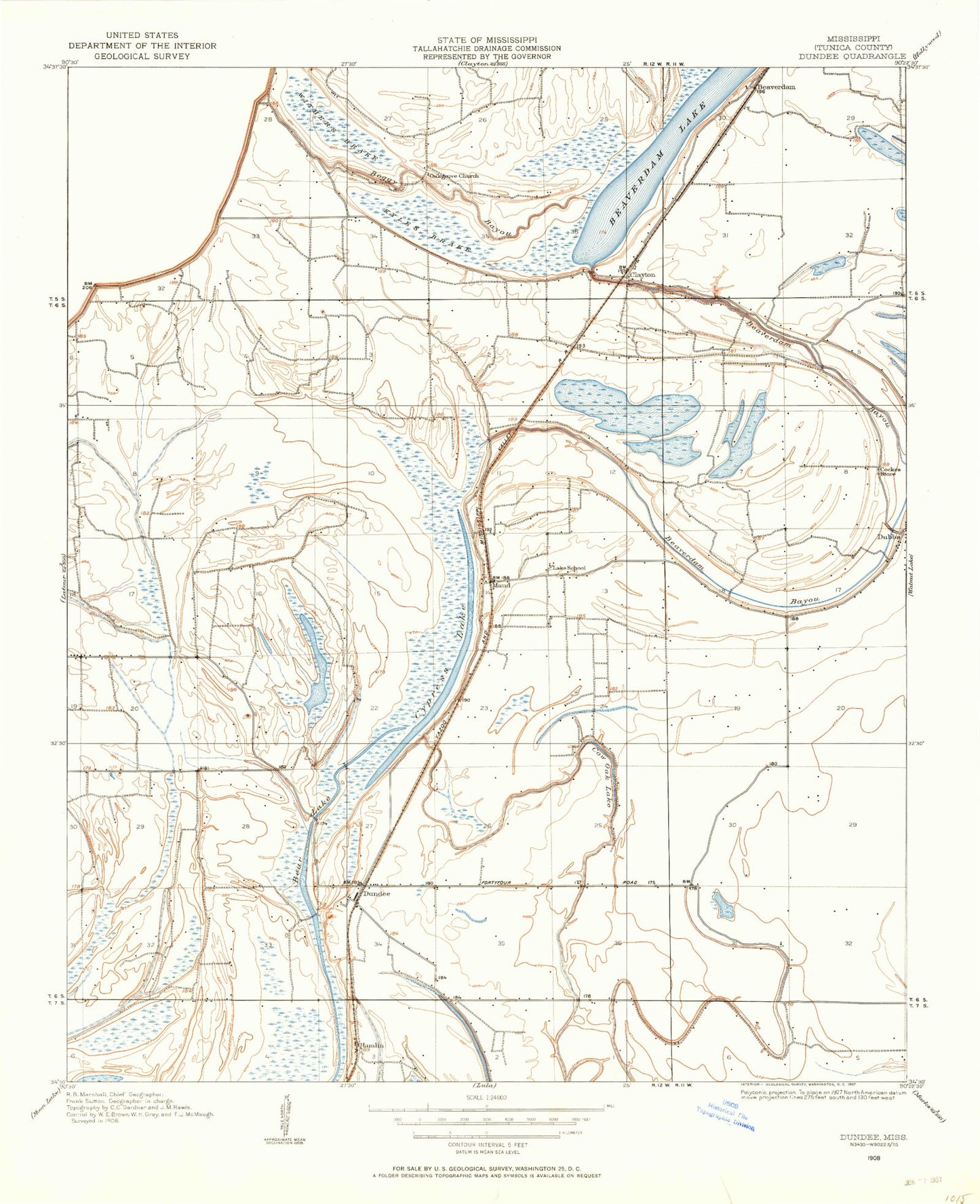 Classic USGS Dundee Mississippi 7.5'x7.5' Topo Map Image