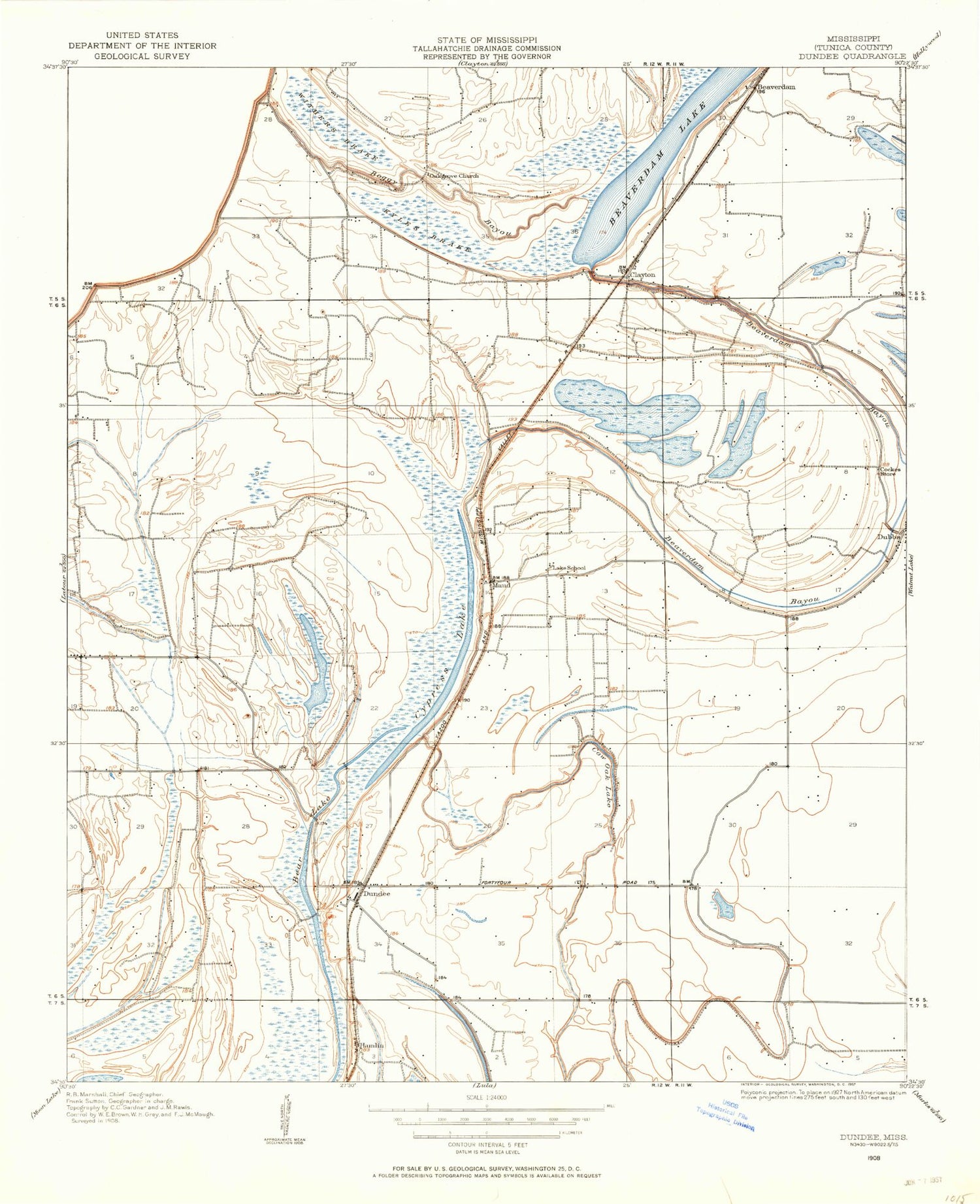 Classic USGS Dundee Mississippi 7.5'x7.5' Topo Map Image