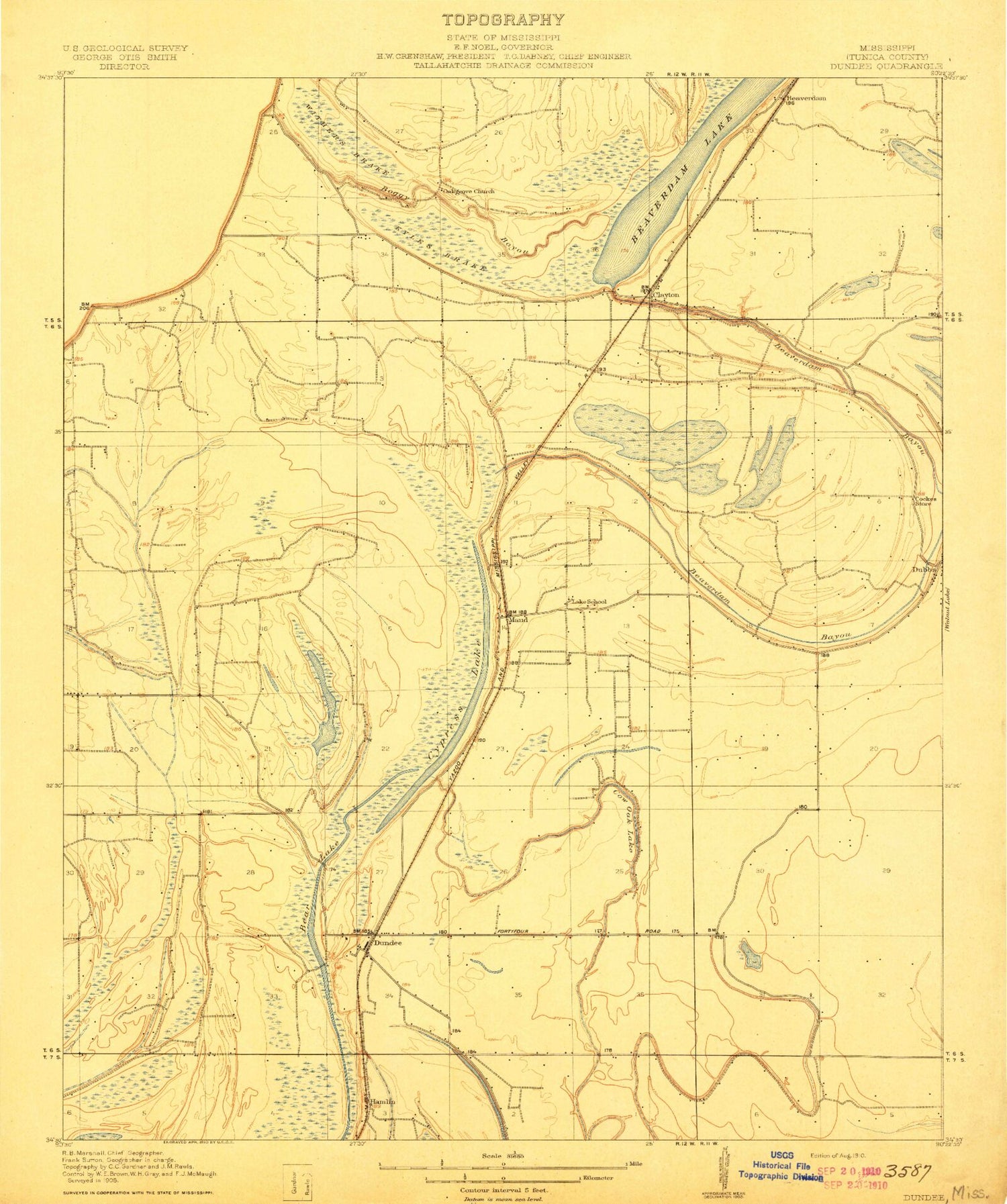Classic USGS Dundee Mississippi 7.5'x7.5' Topo Map Image