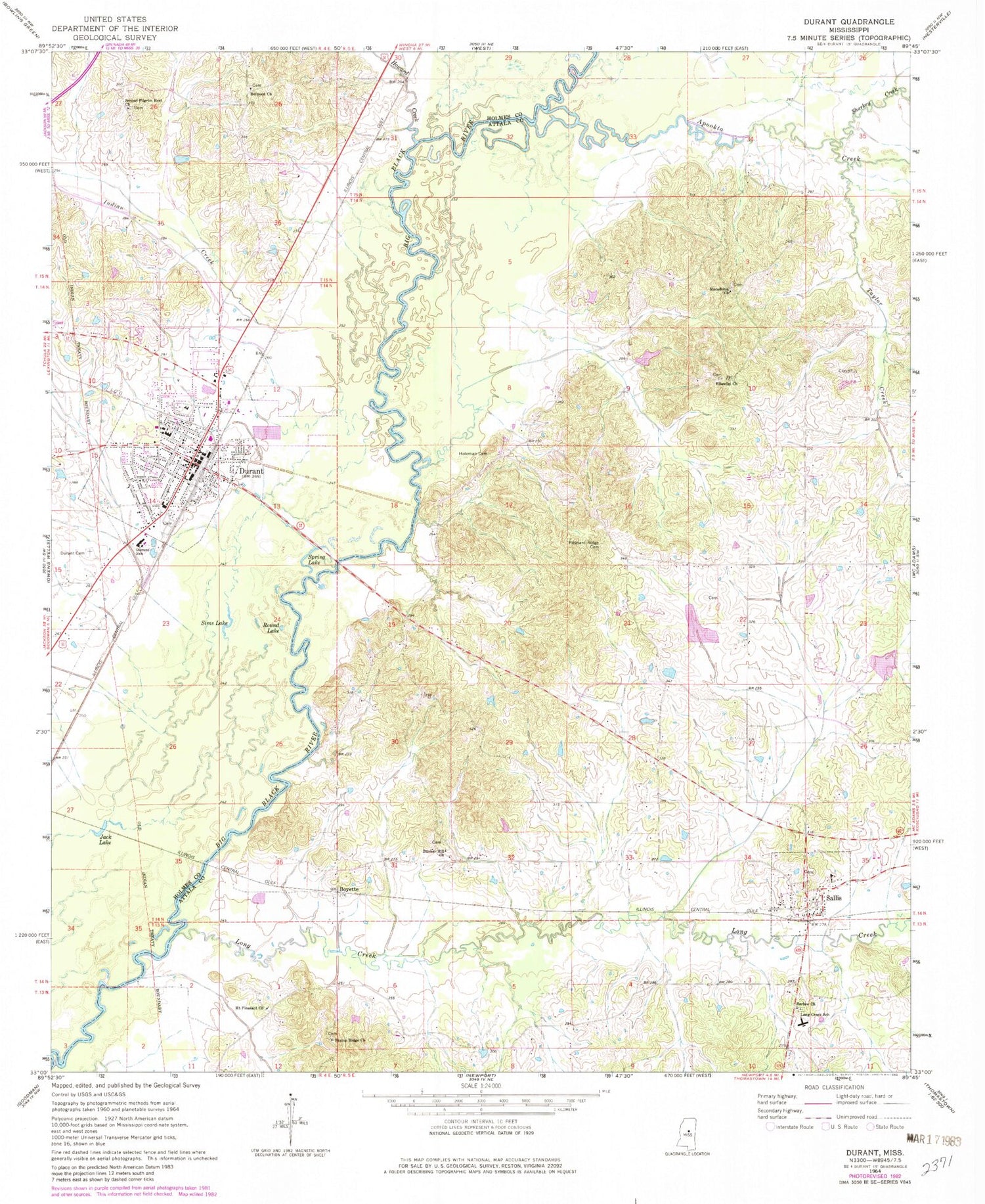 Classic USGS Durant Mississippi 7.5'x7.5' Topo Map Image