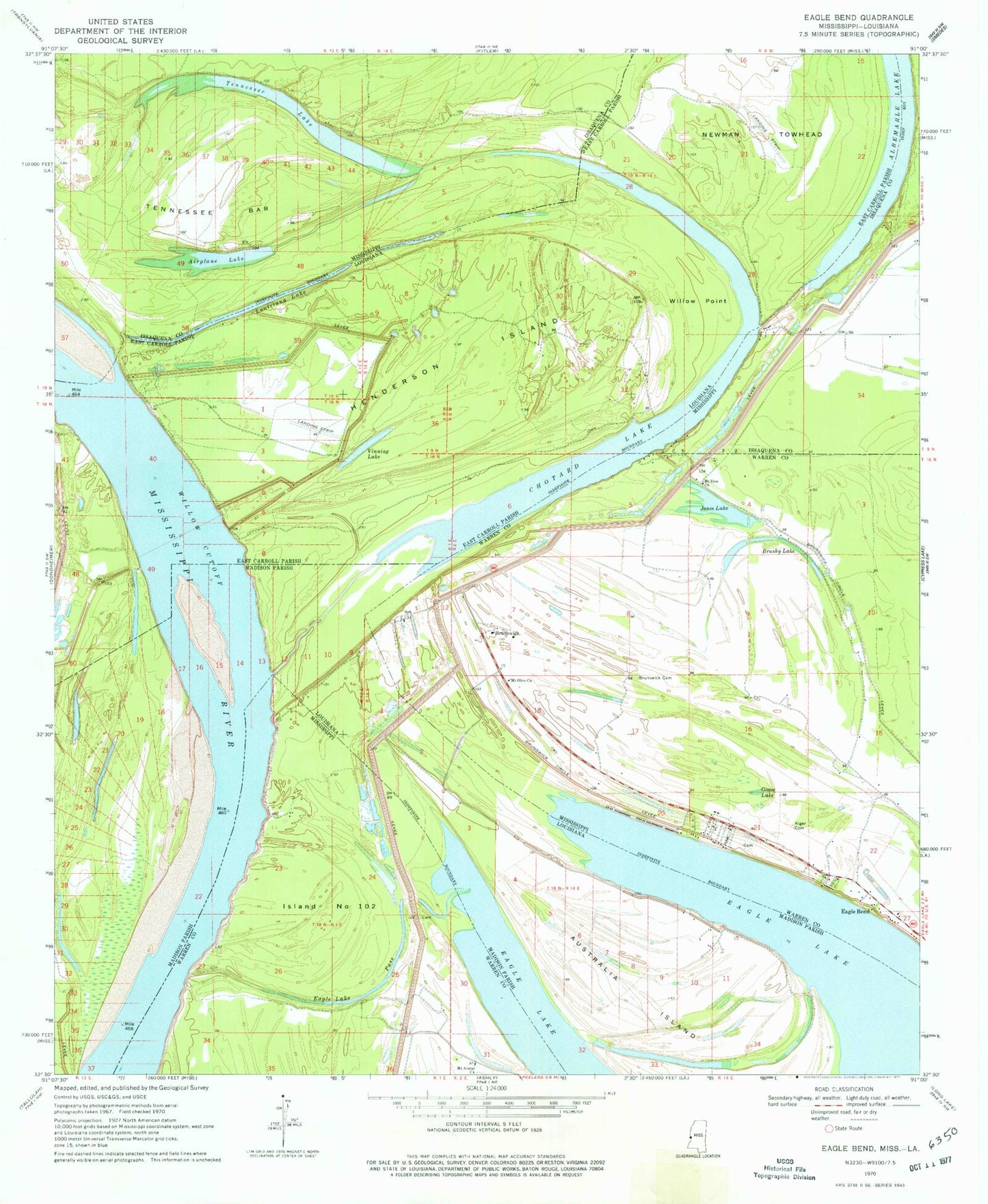 Classic USGS Eagle Bend Mississippi 7.5'x7.5' Topo Map Image
