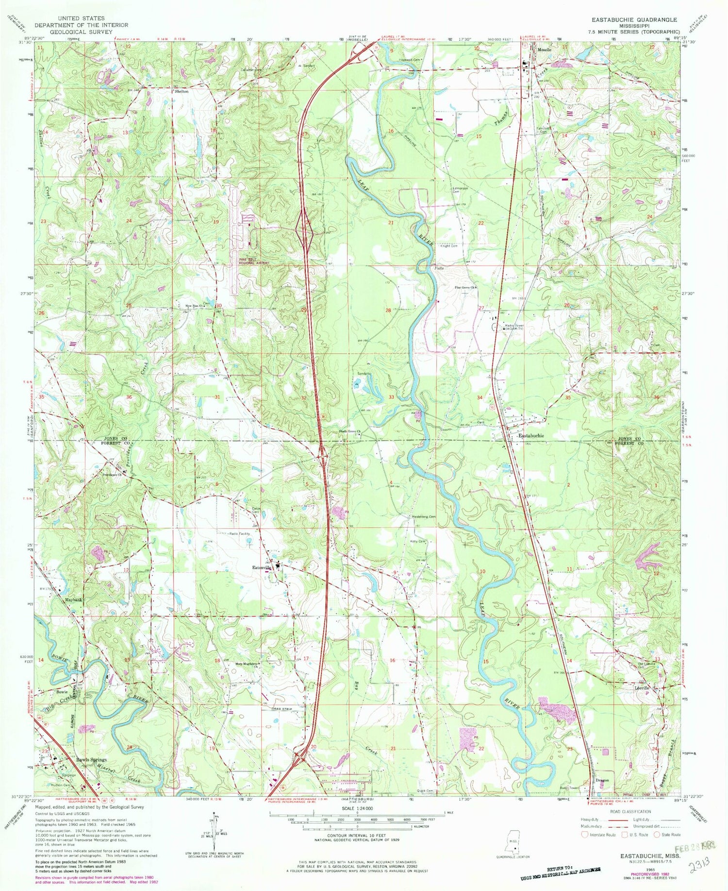 Classic USGS Eastabuchie Mississippi 7.5'x7.5' Topo Map Image