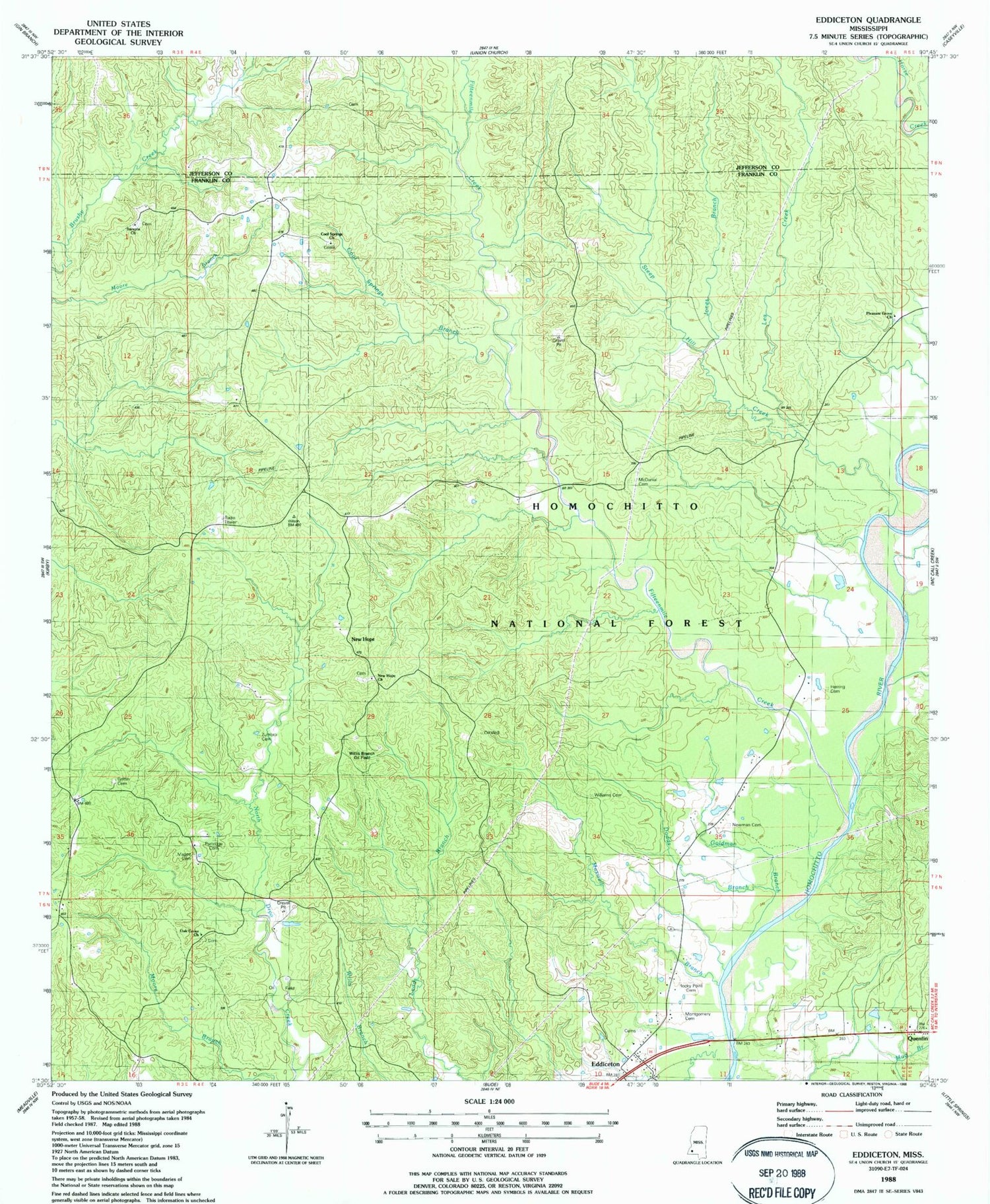Classic USGS Eddiceton Mississippi 7.5'x7.5' Topo Map Image