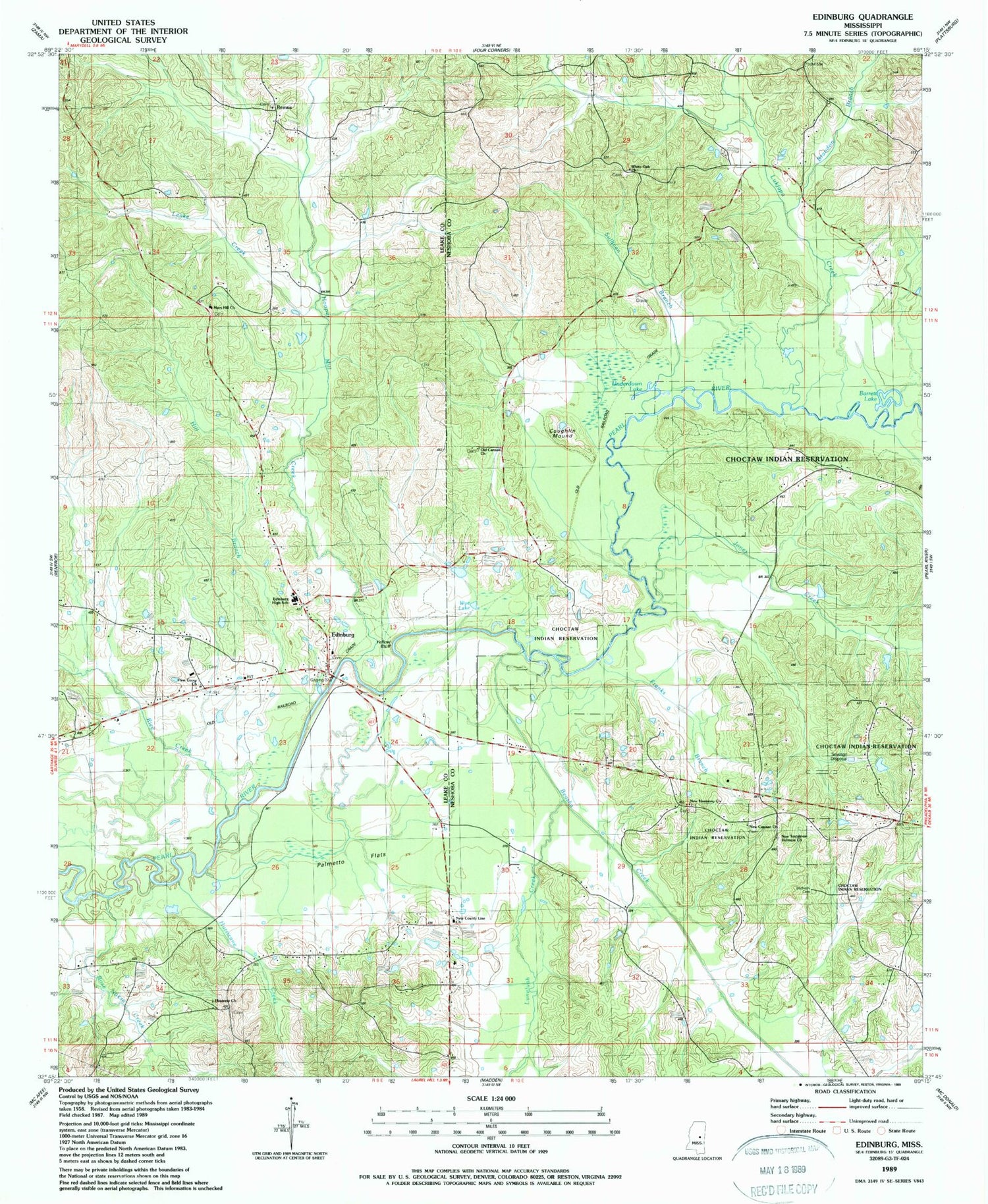 Classic USGS Edinburg Mississippi 7.5'x7.5' Topo Map Image