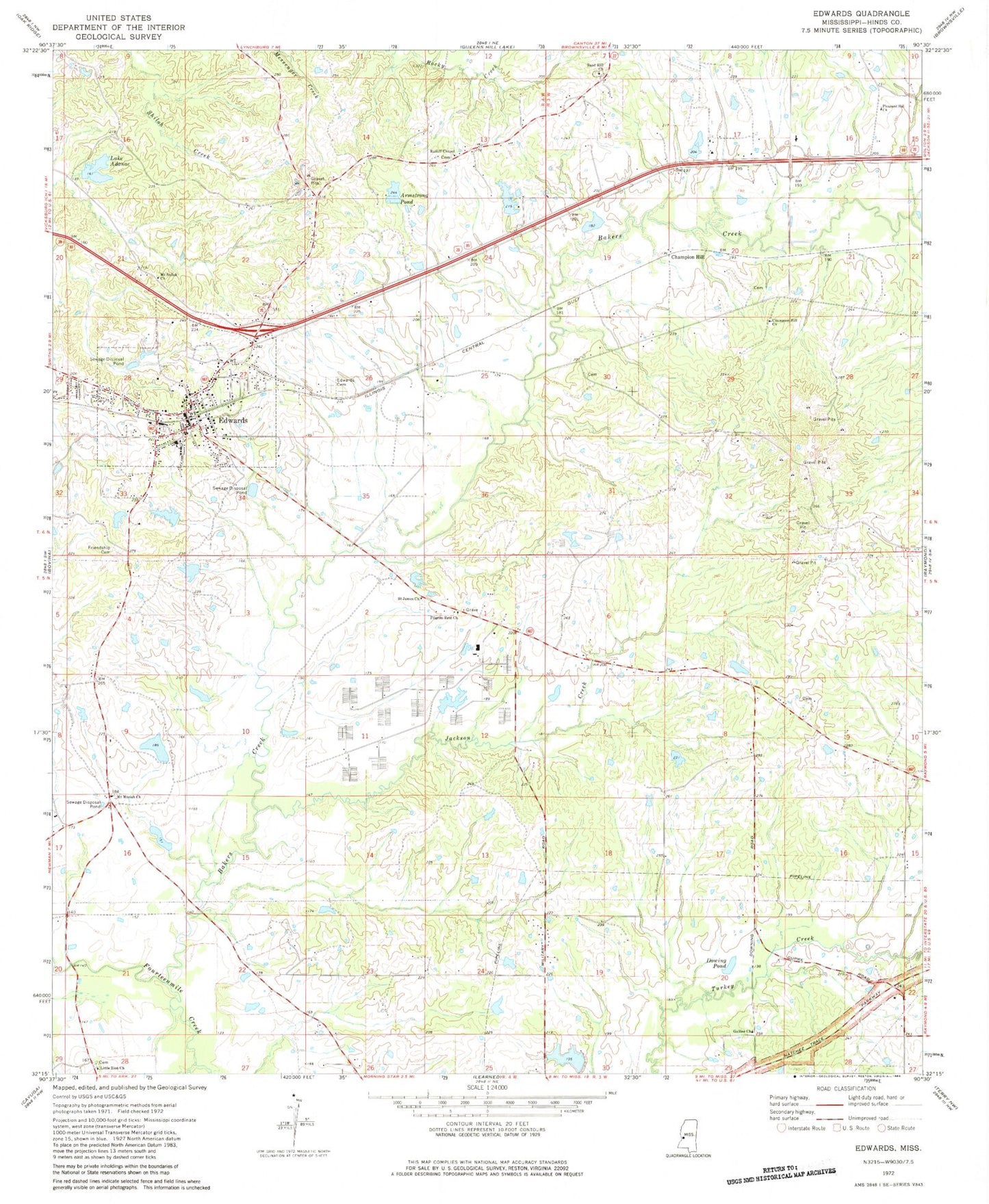 Classic USGS Edwards Mississippi 7.5'x7.5' Topo Map Image