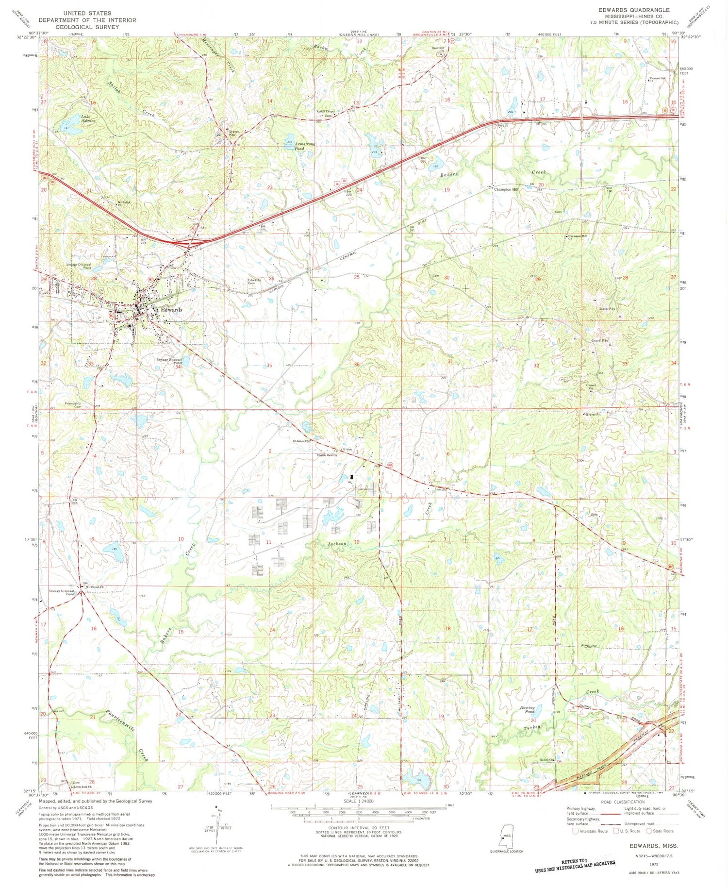 Classic USGS Edwards Mississippi 7.5'x7.5' Topo Map Image