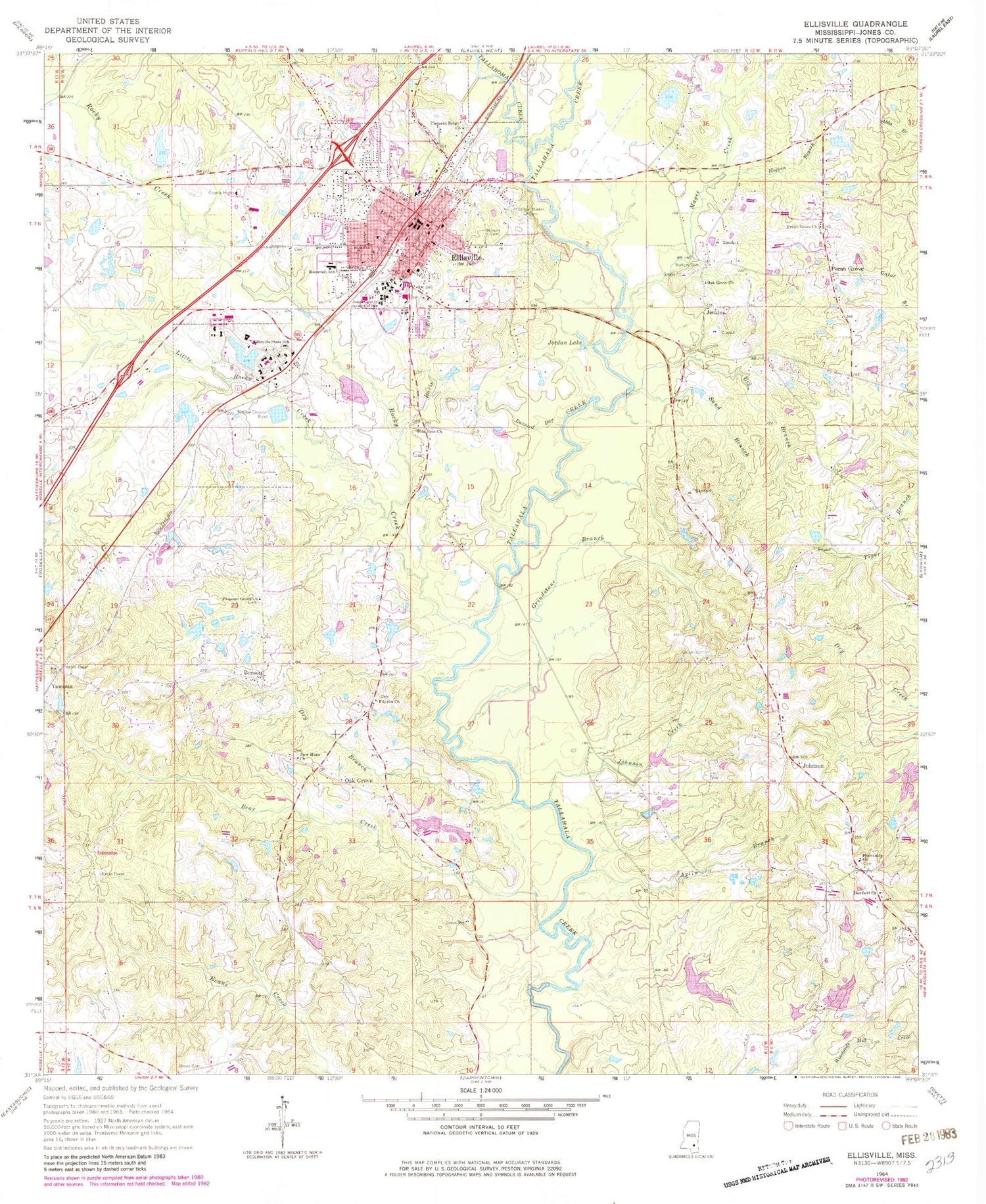 Classic USGS Ellisville Mississippi 7.5'x7.5' Topo Map Image