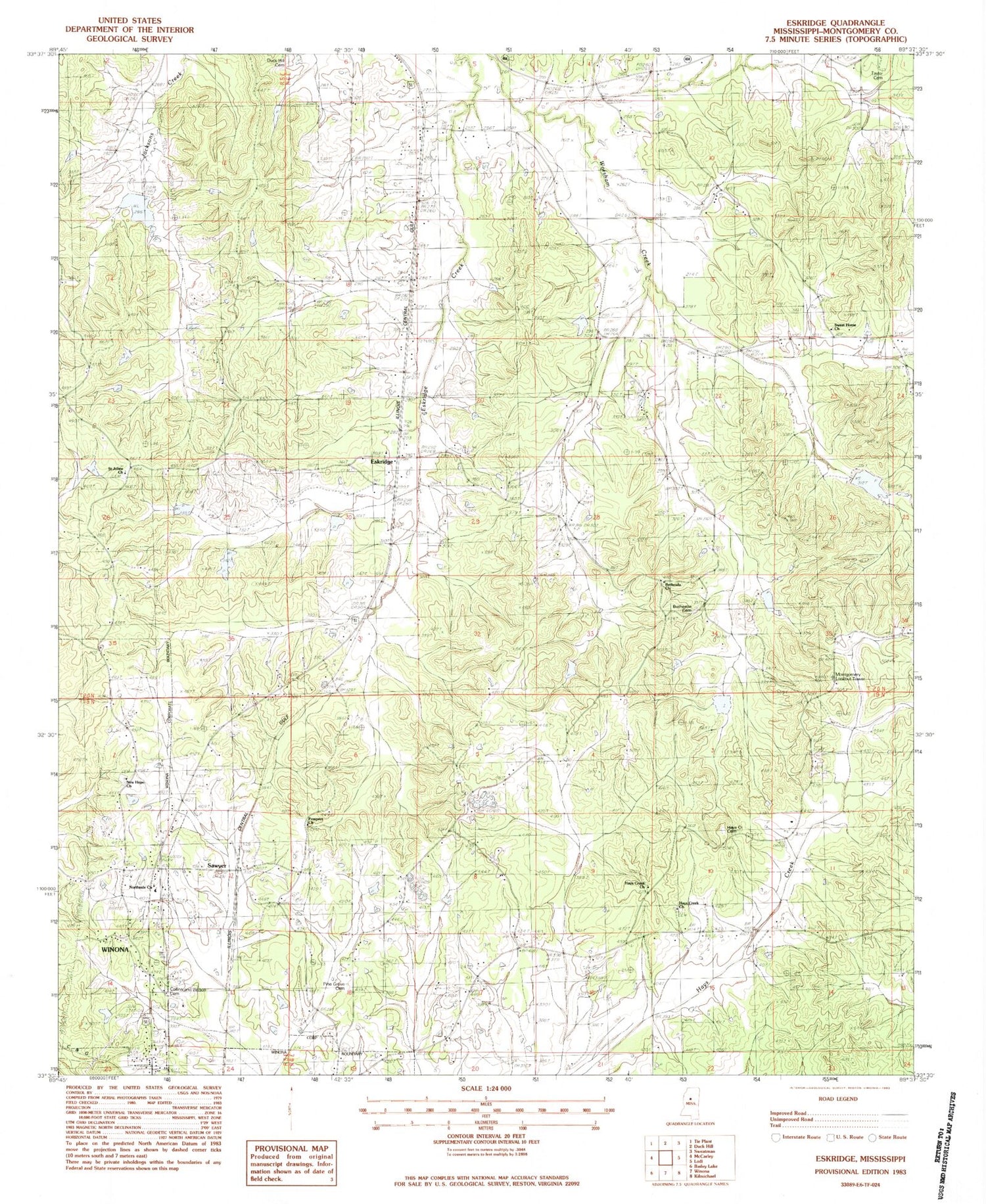 Classic USGS Eskridge Mississippi 7.5'x7.5' Topo Map Image