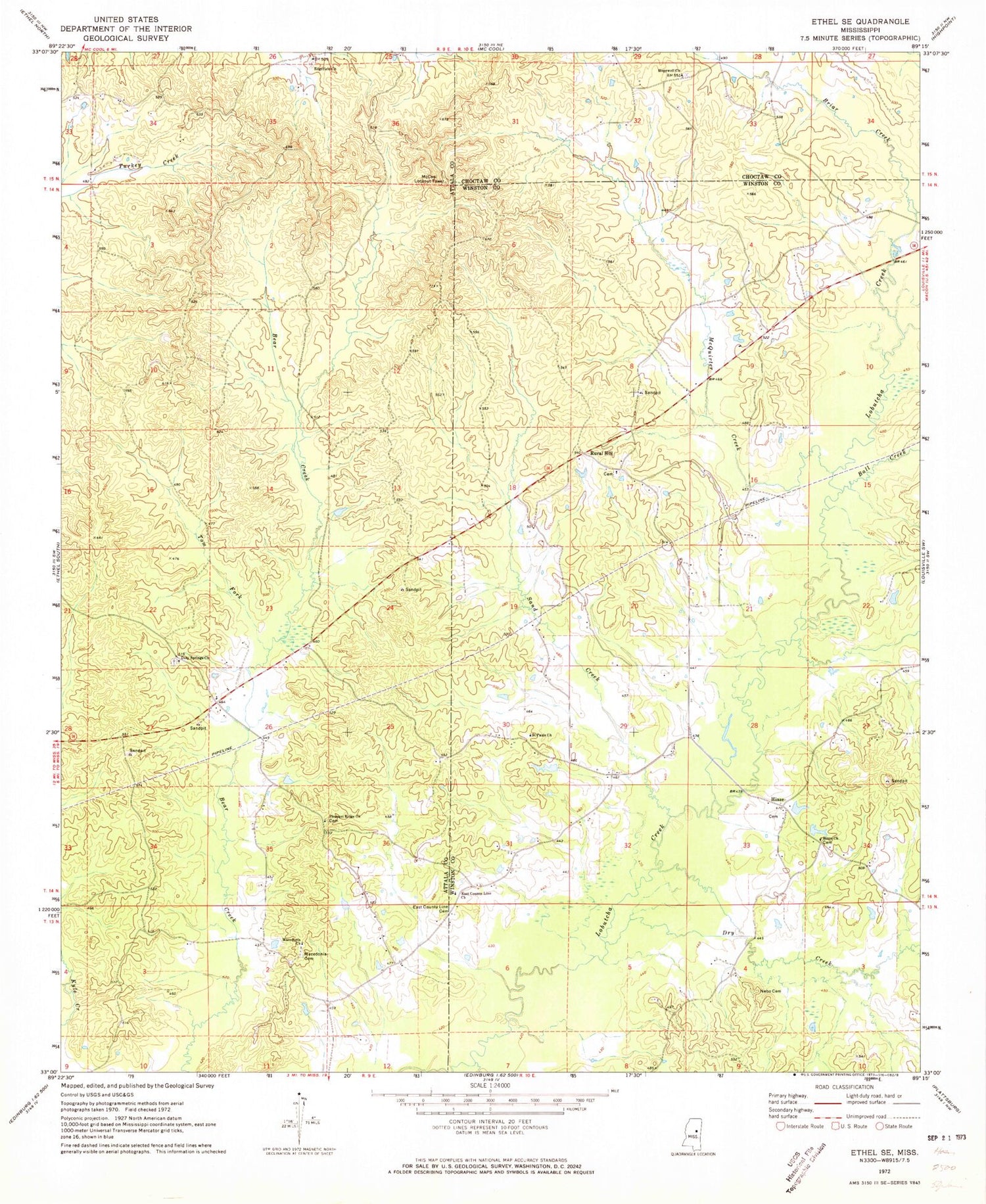 Classic USGS Ethel SE Mississippi 7.5'x7.5' Topo Map Image