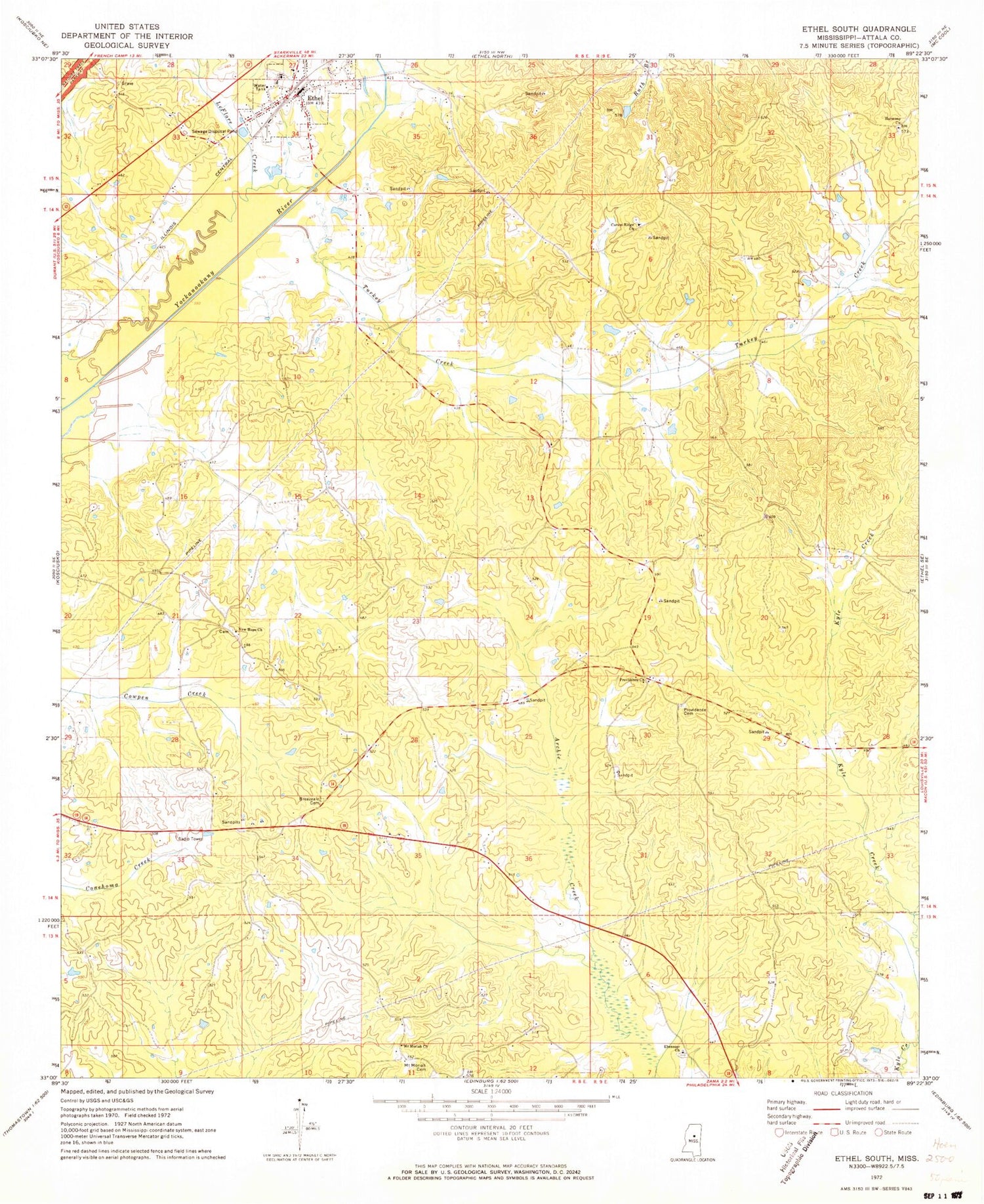 Classic USGS Ethel South Mississippi 7.5'x7.5' Topo Map Image