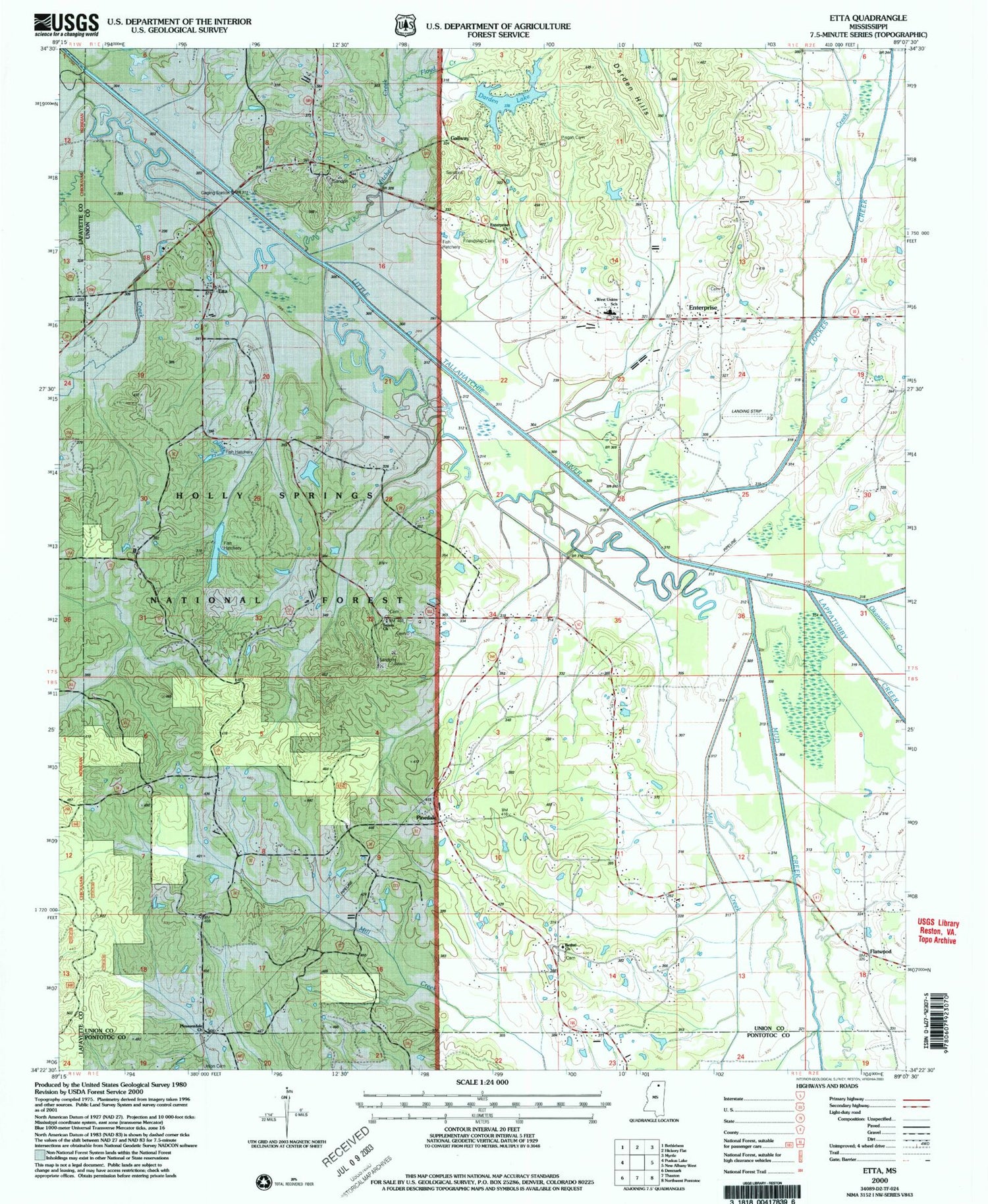 Classic USGS Etta Mississippi 7.5'x7.5' Topo Map Image