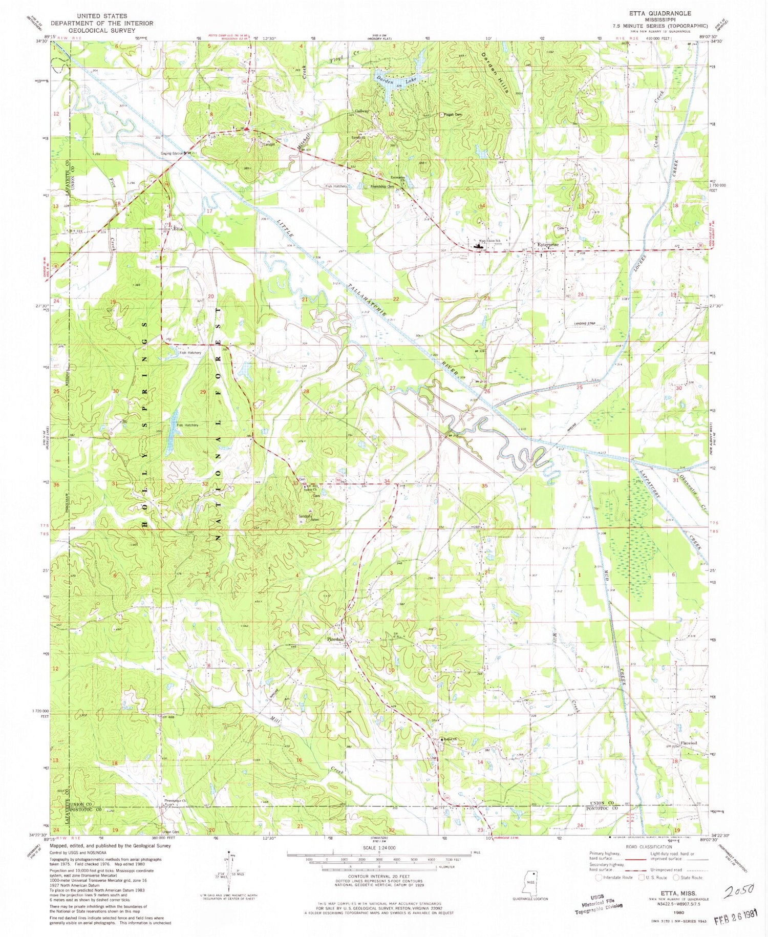Classic USGS Etta Mississippi 7.5'x7.5' Topo Map Image