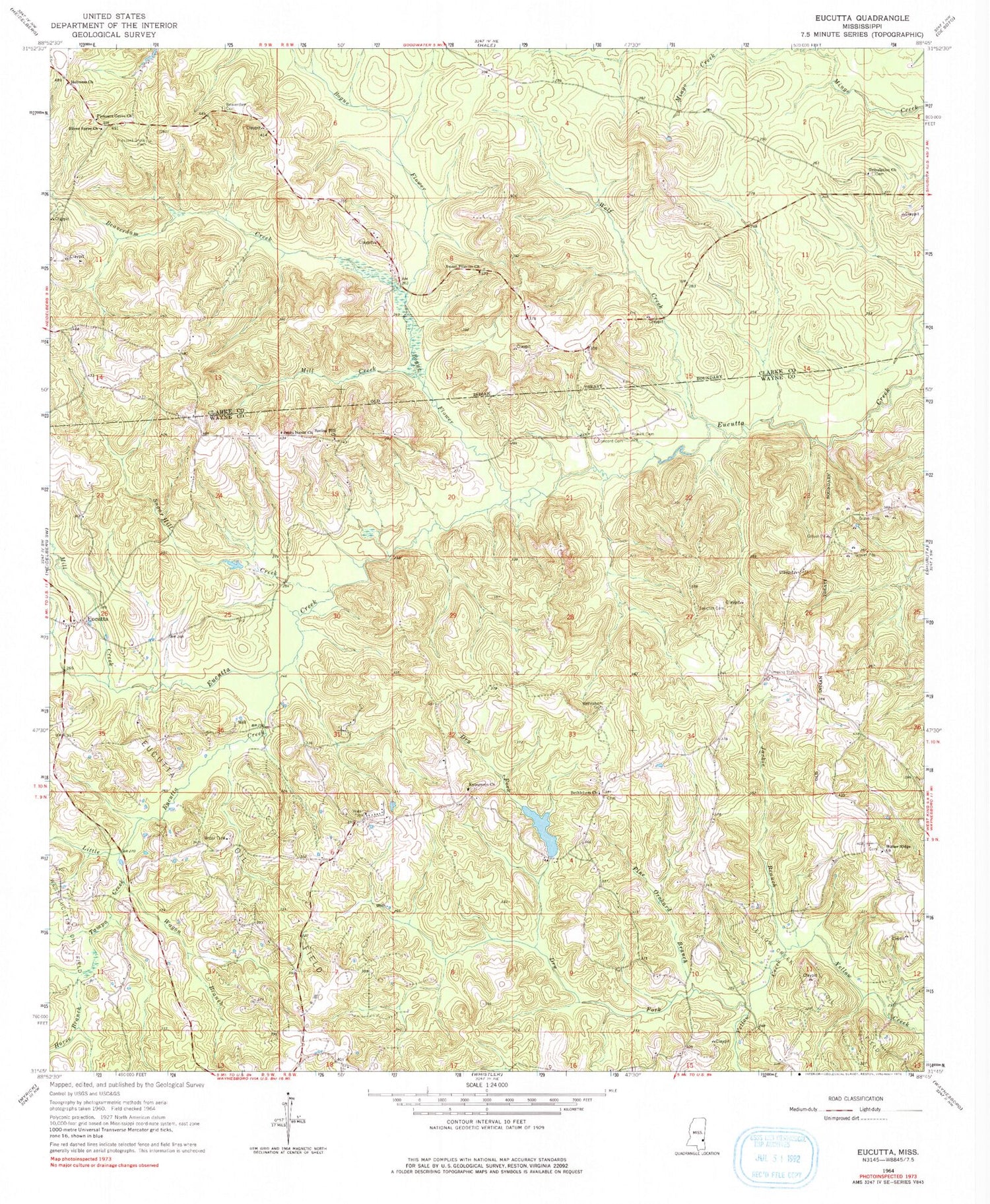 Classic USGS Eucutta Mississippi 7.5'x7.5' Topo Map Image