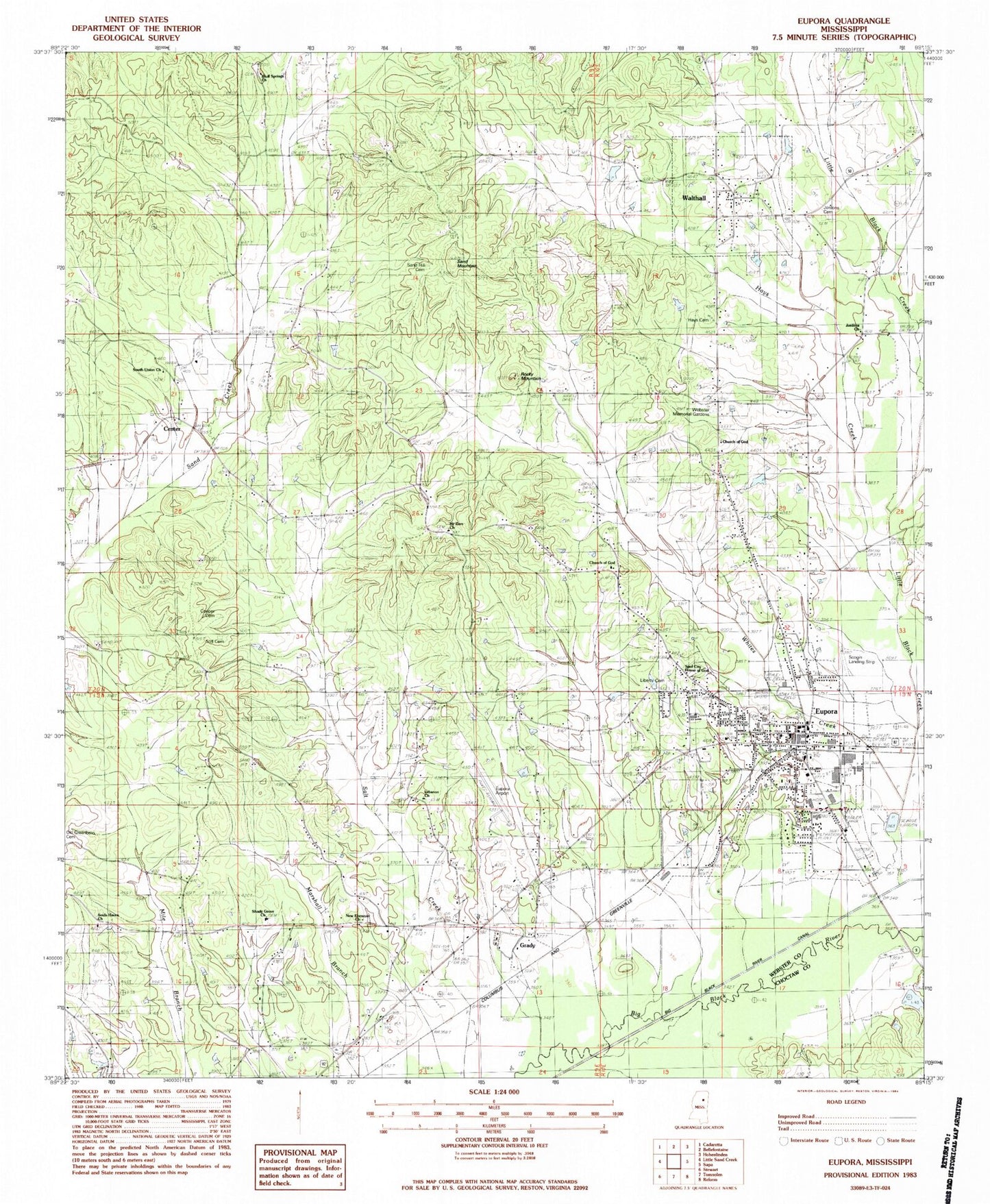 Classic USGS Eupora Mississippi 7.5'x7.5' Topo Map Image