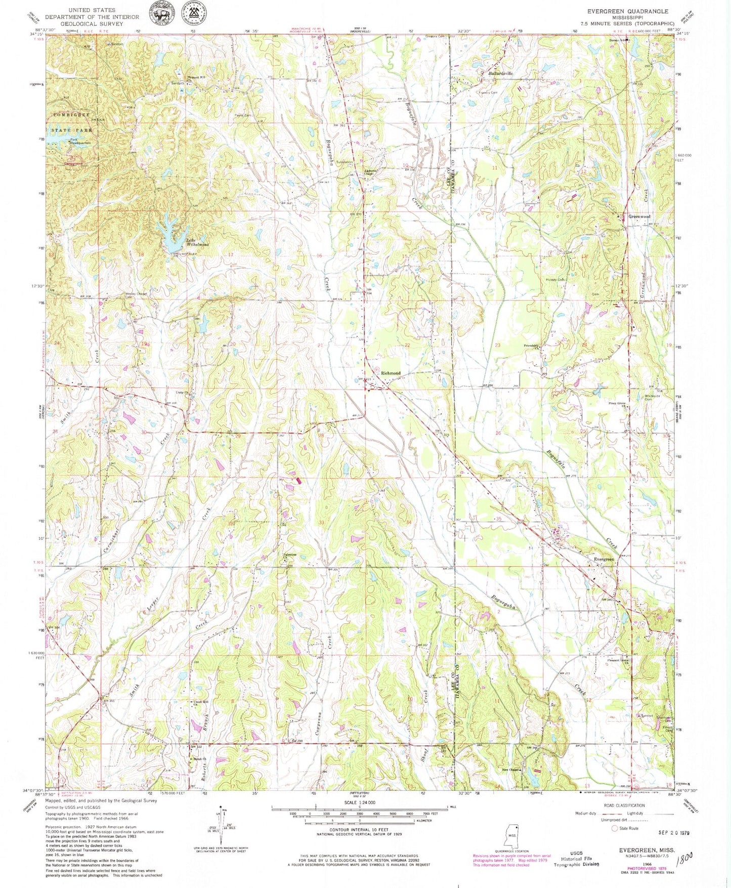 Classic USGS Evergreen Mississippi 7.5'x7.5' Topo Map Image