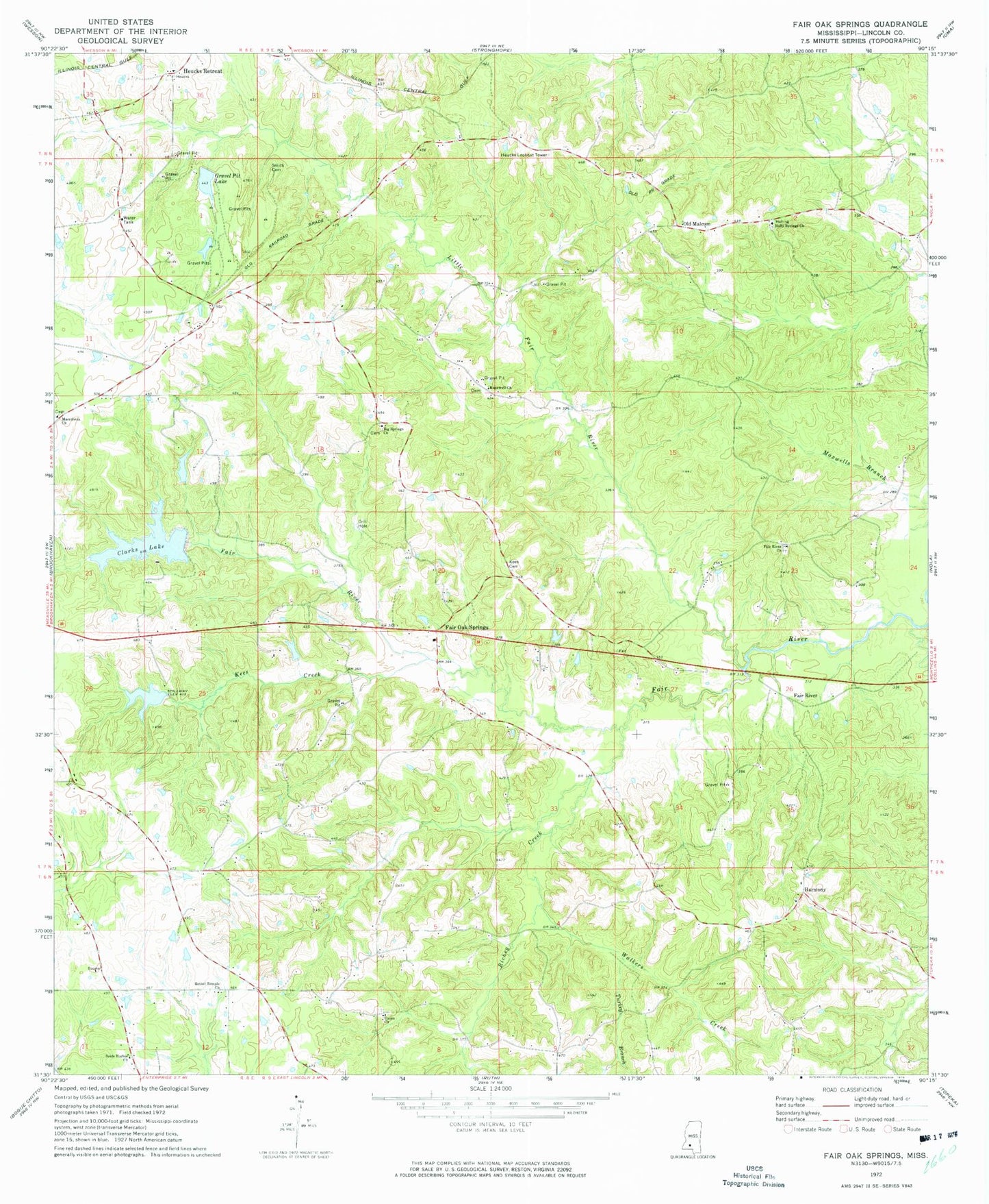 Classic USGS Fair Oak Springs Mississippi 7.5'x7.5' Topo Map Image