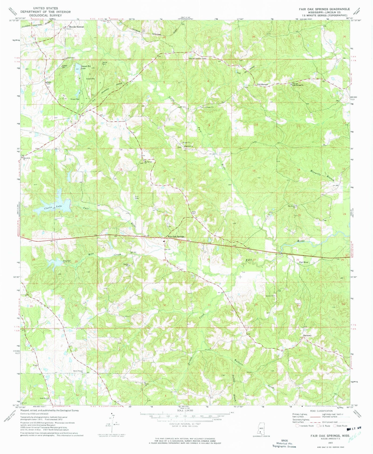 Classic USGS Fair Oak Springs Mississippi 7.5'x7.5' Topo Map Image