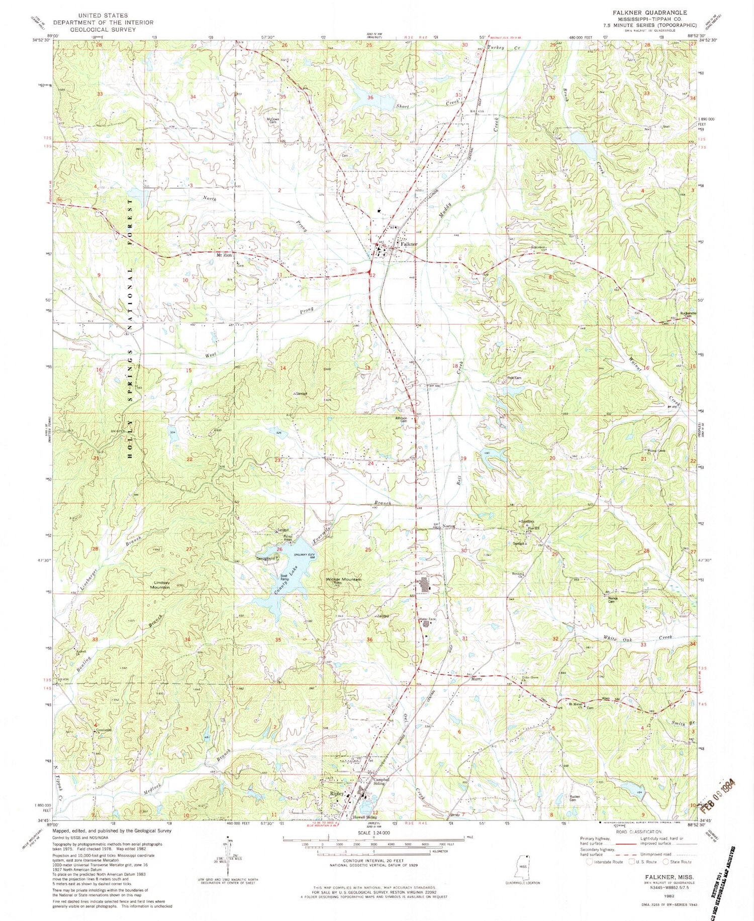 Classic USGS Falkner Mississippi 7.5'x7.5' Topo Map Image