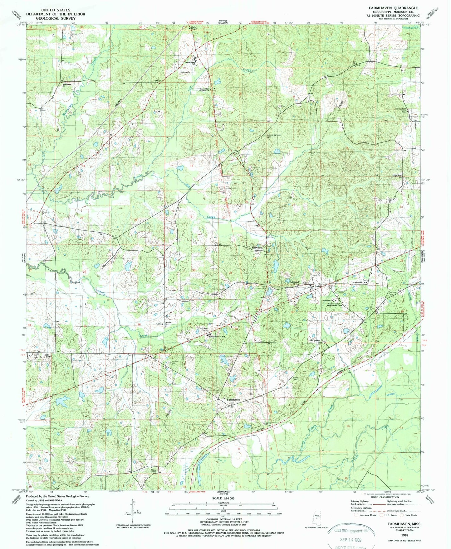 Classic USGS Farmhaven Mississippi 7.5'x7.5' Topo Map Image