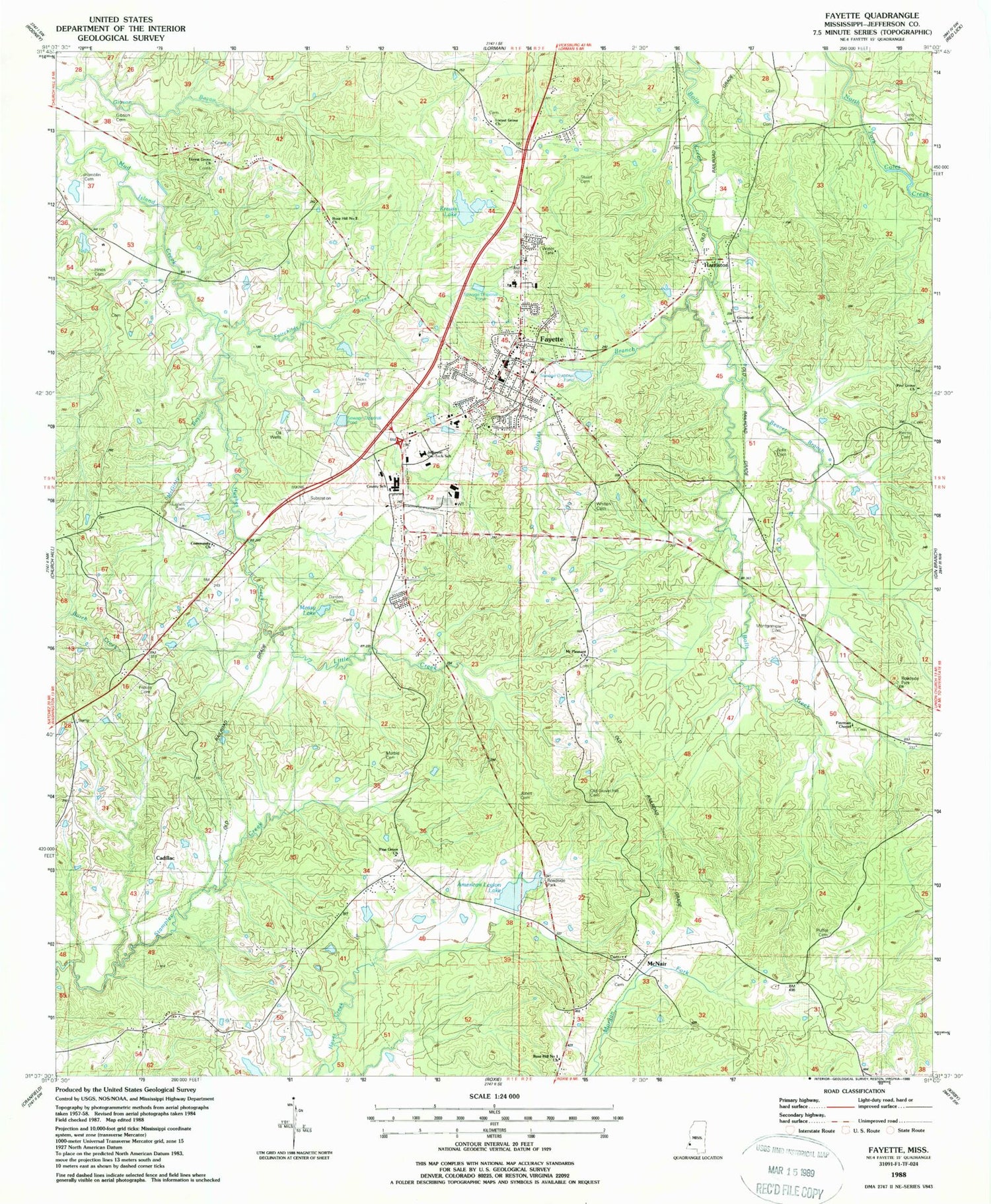 Classic USGS Fayette Mississippi 7.5'x7.5' Topo Map Image