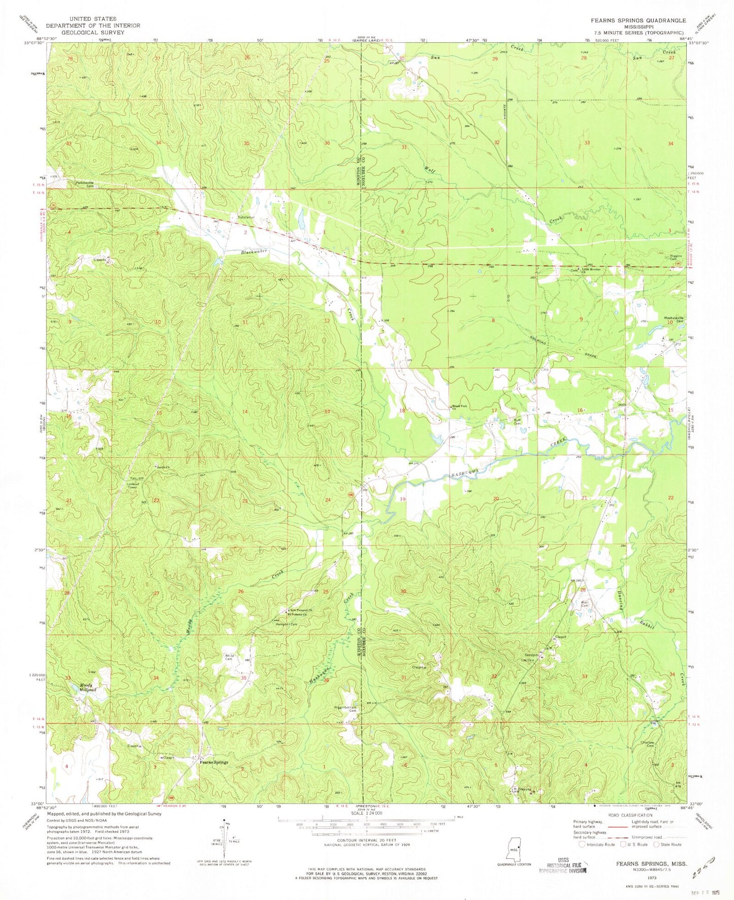 Classic USGS Fearns Springs Mississippi 7.5'x7.5' Topo Map Image