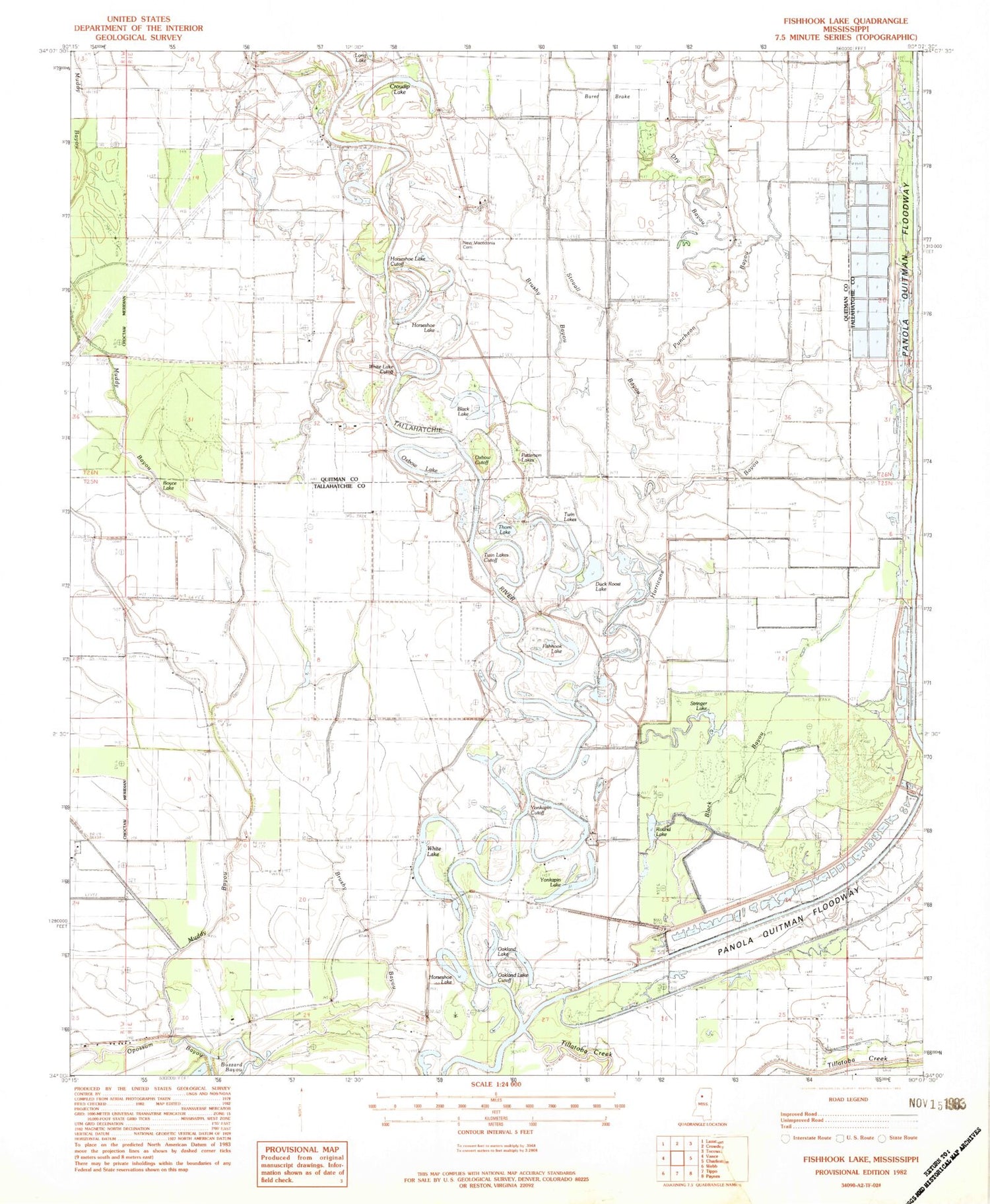 Classic USGS Fishhook Lake Mississippi 7.5'x7.5' Topo Map Image