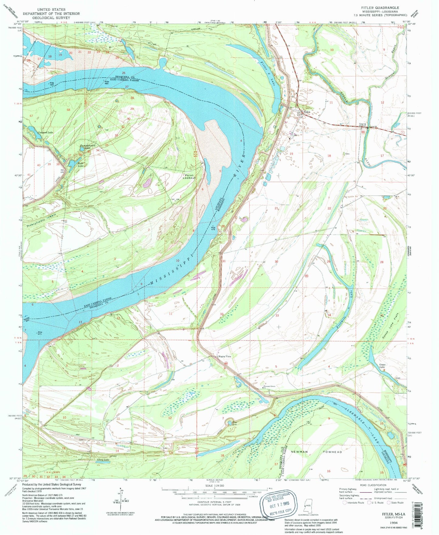 Classic USGS Fitler Mississippi 7.5'x7.5' Topo Map Image
