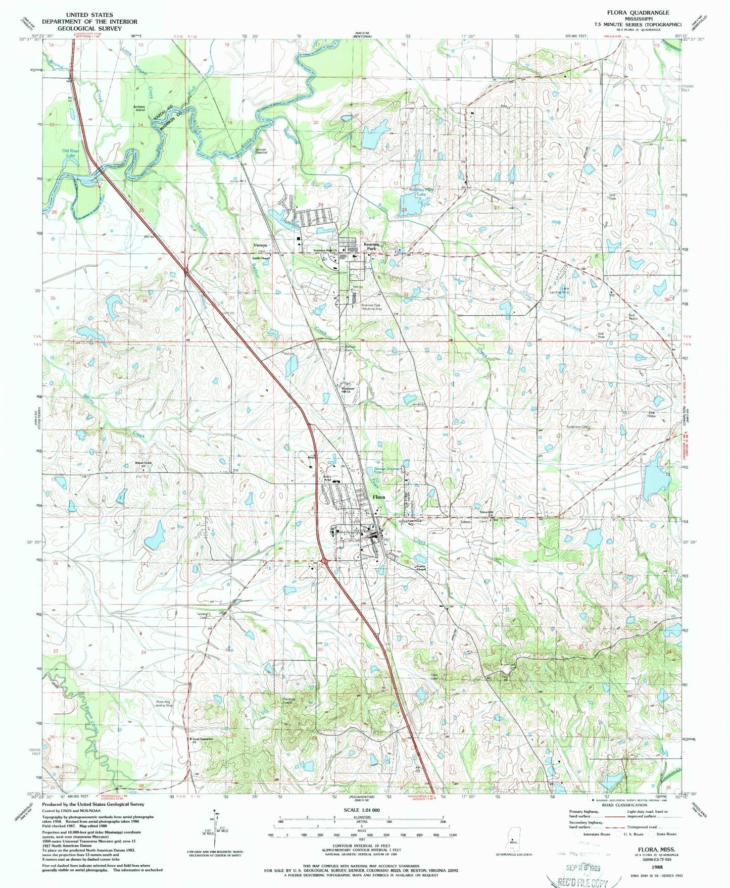 Classic USGS Flora Mississippi 7.5'x7.5' Topo Map Image