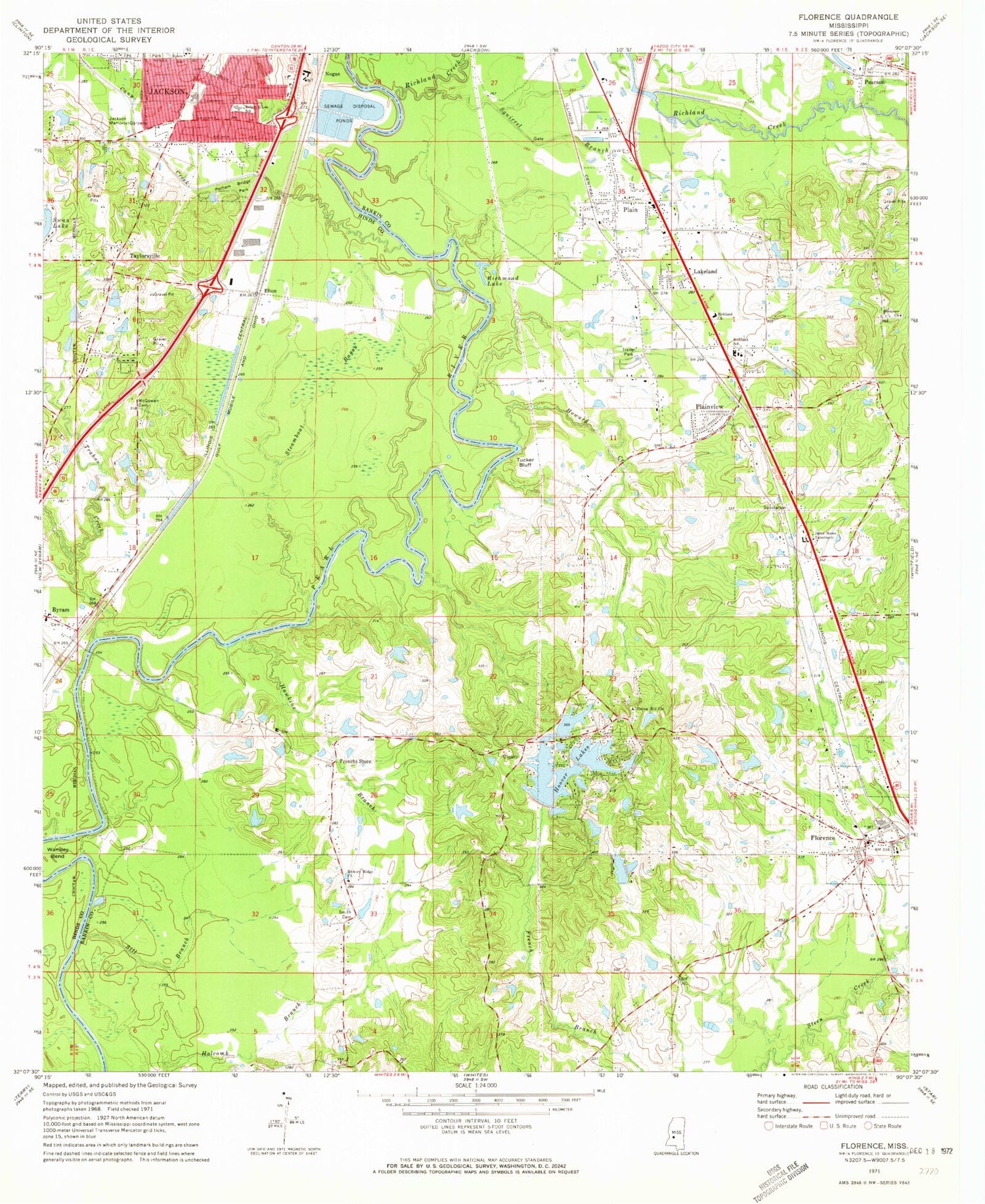 Classic USGS Florence Mississippi 7.5'x7.5' Topo Map Image