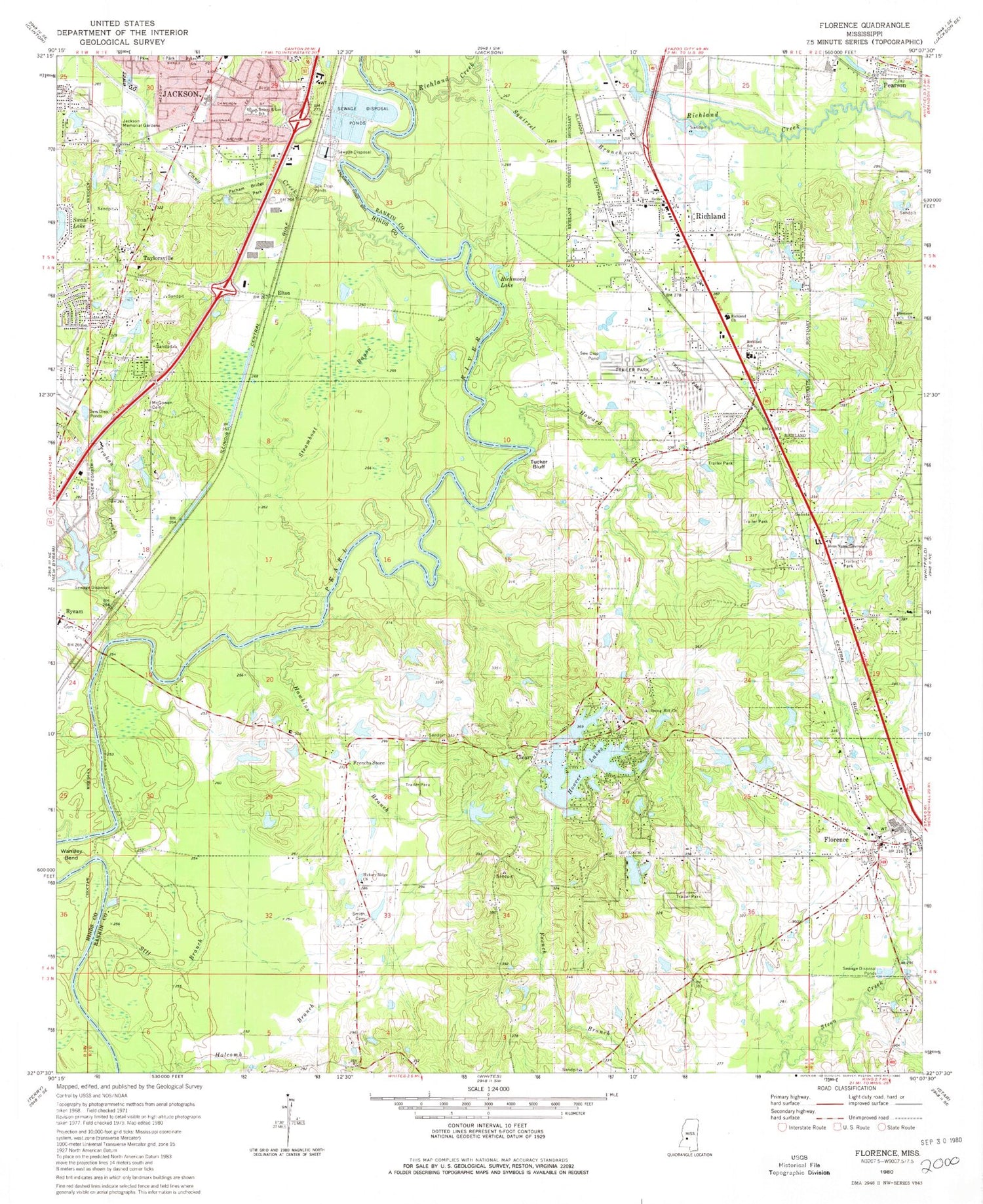 Classic USGS Florence Mississippi 7.5'x7.5' Topo Map Image