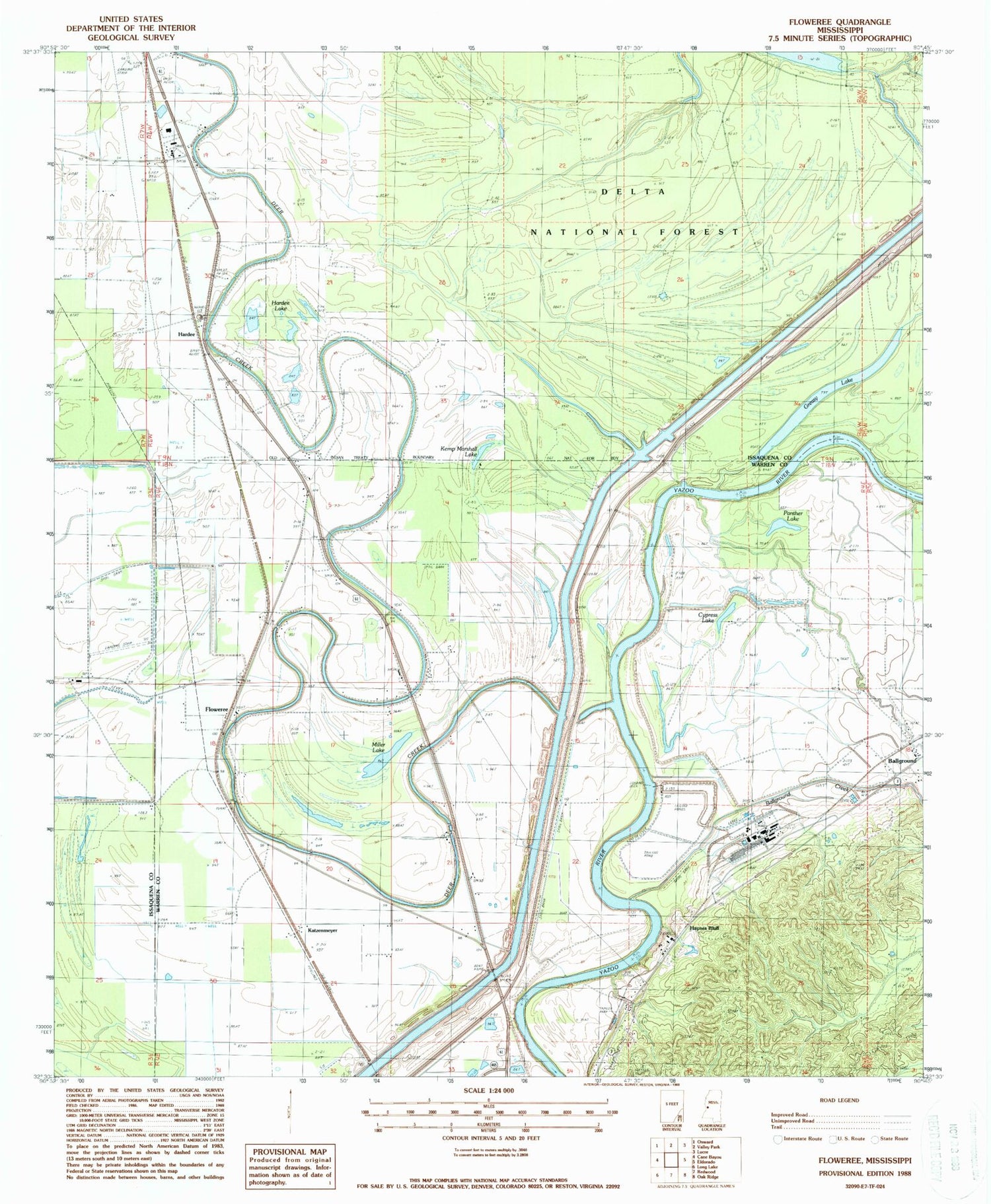 Classic USGS Floweree Mississippi 7.5'x7.5' Topo Map Image