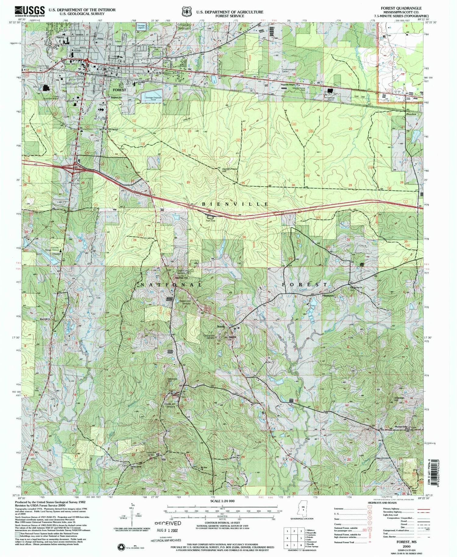 Classic USGS Forest Mississippi 7.5'x7.5' Topo Map Image