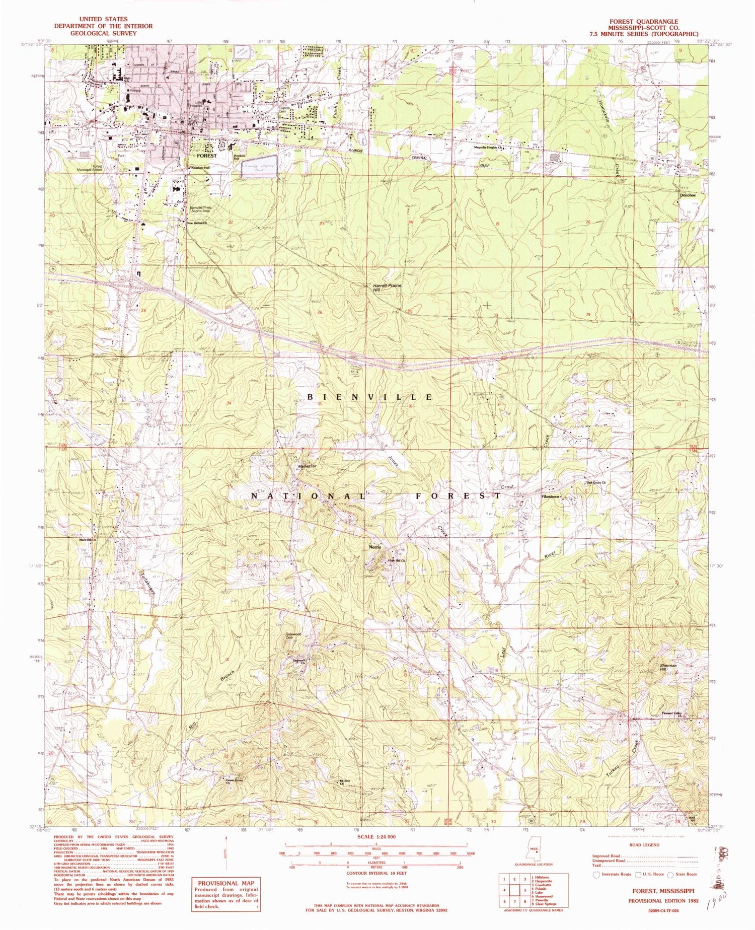 Classic USGS Forest Mississippi 7.5'x7.5' Topo Map Image