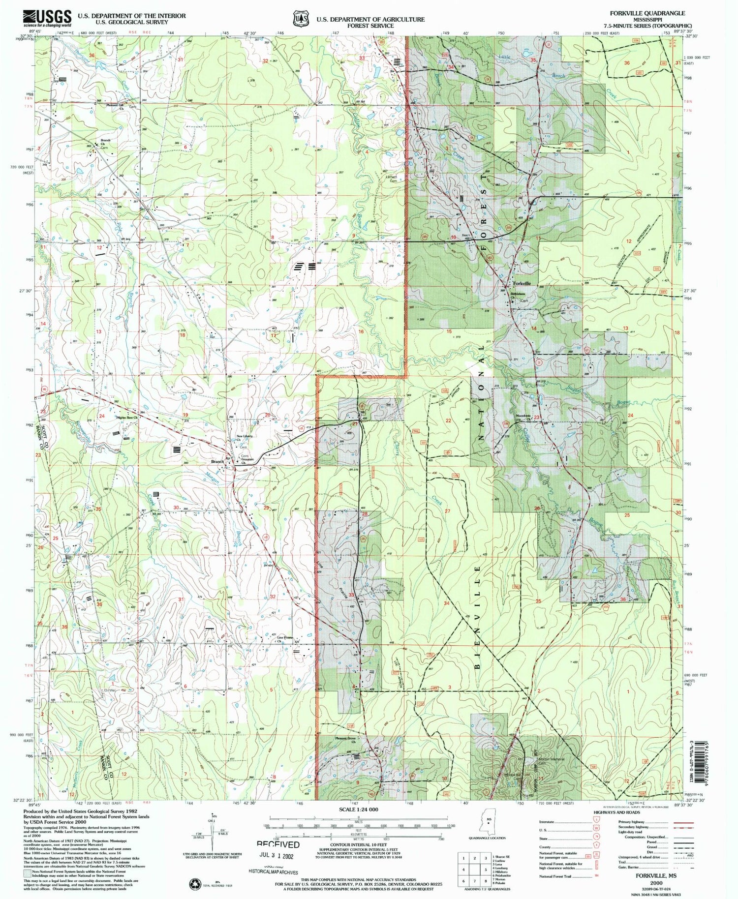 Classic USGS Forkville Mississippi 7.5'x7.5' Topo Map Image