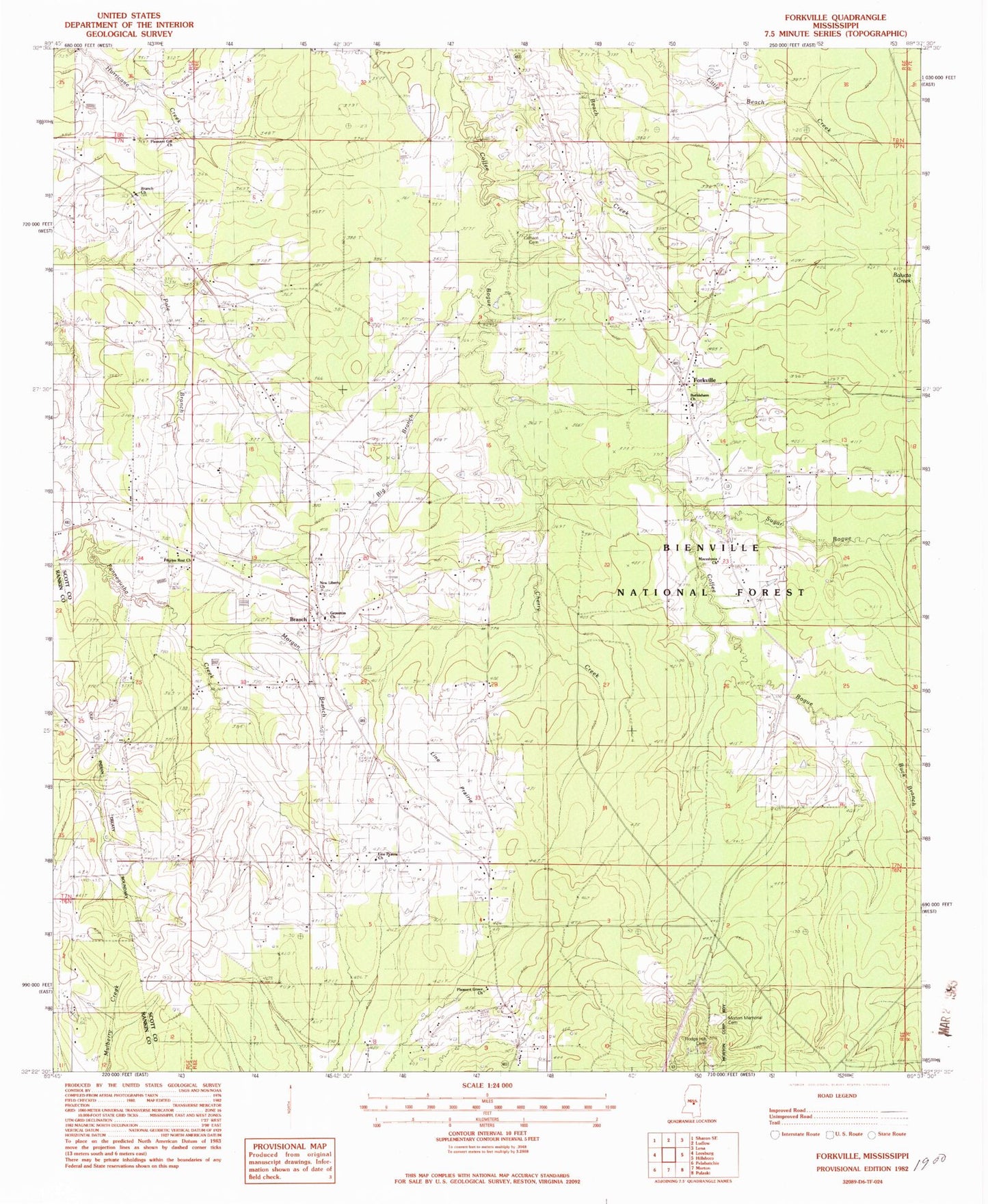 Classic USGS Forkville Mississippi 7.5'x7.5' Topo Map Image