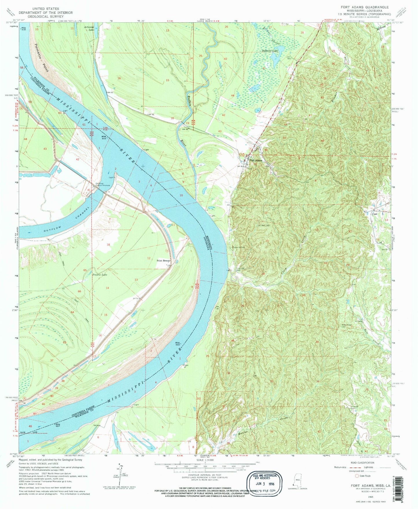 Classic USGS Fort Adams Mississippi 7.5'x7.5' Topo Map Image