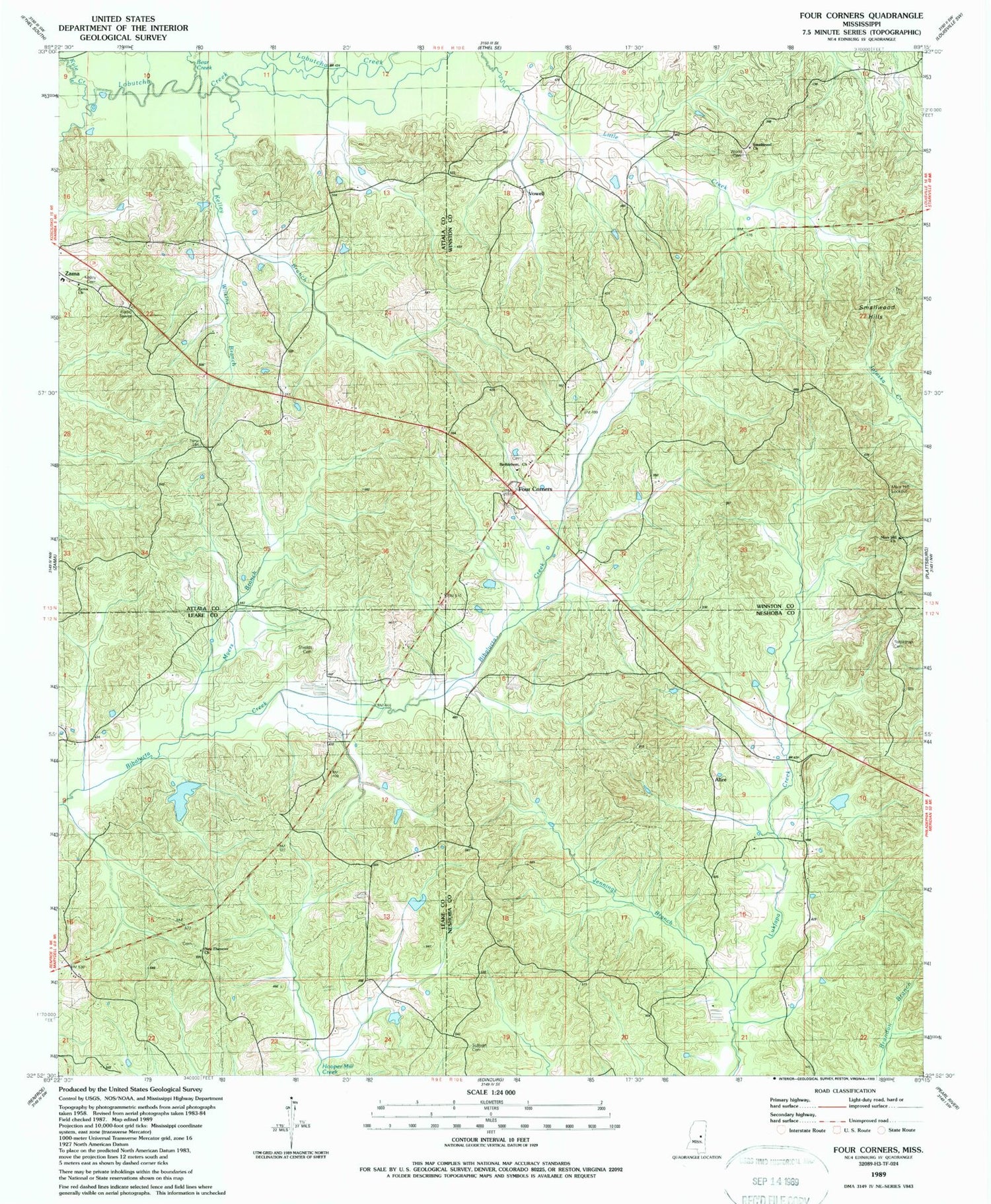 Classic USGS Four Corners Mississippi 7.5'x7.5' Topo Map Image