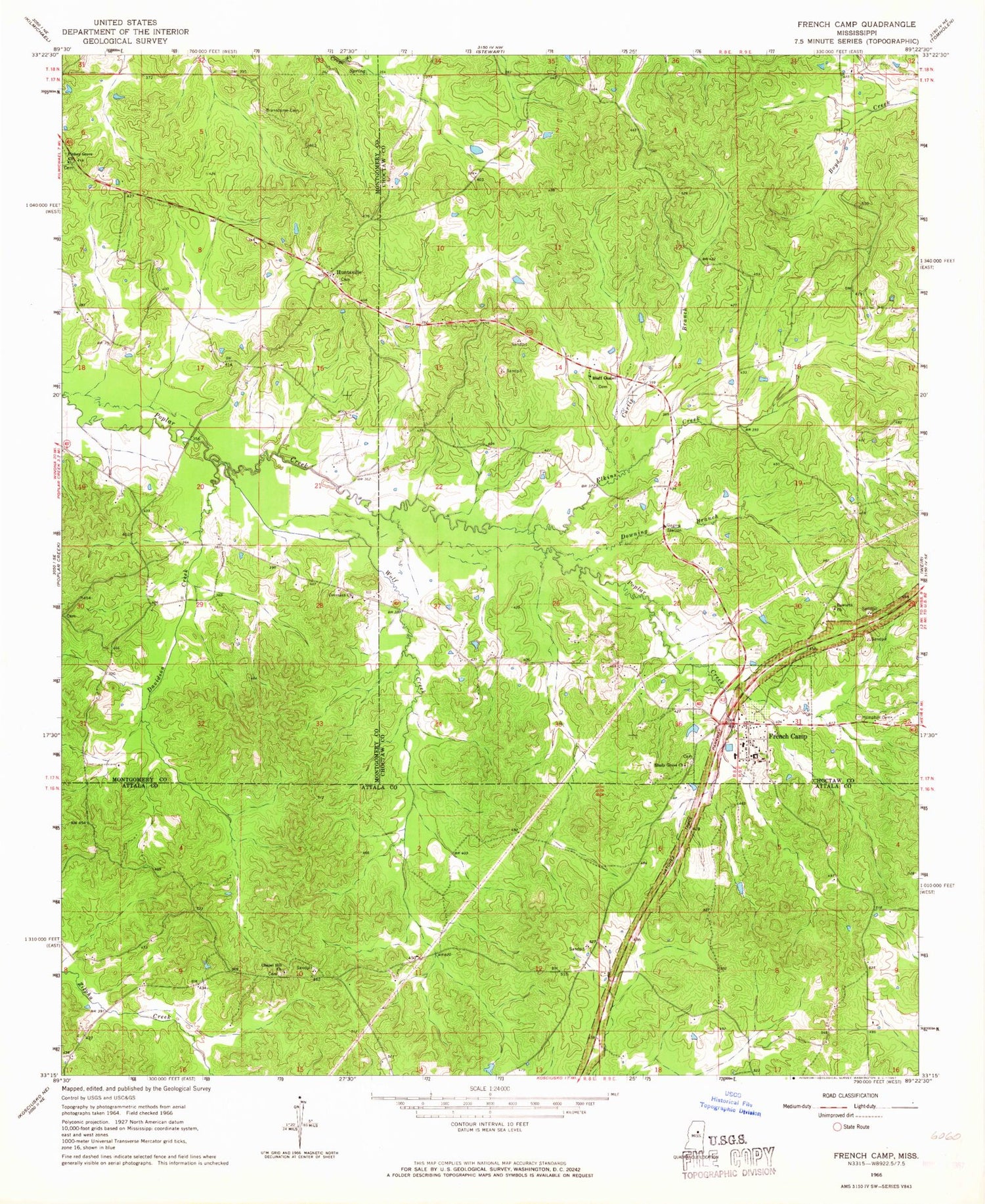 Classic USGS French Camp Mississippi 7.5'x7.5' Topo Map Image