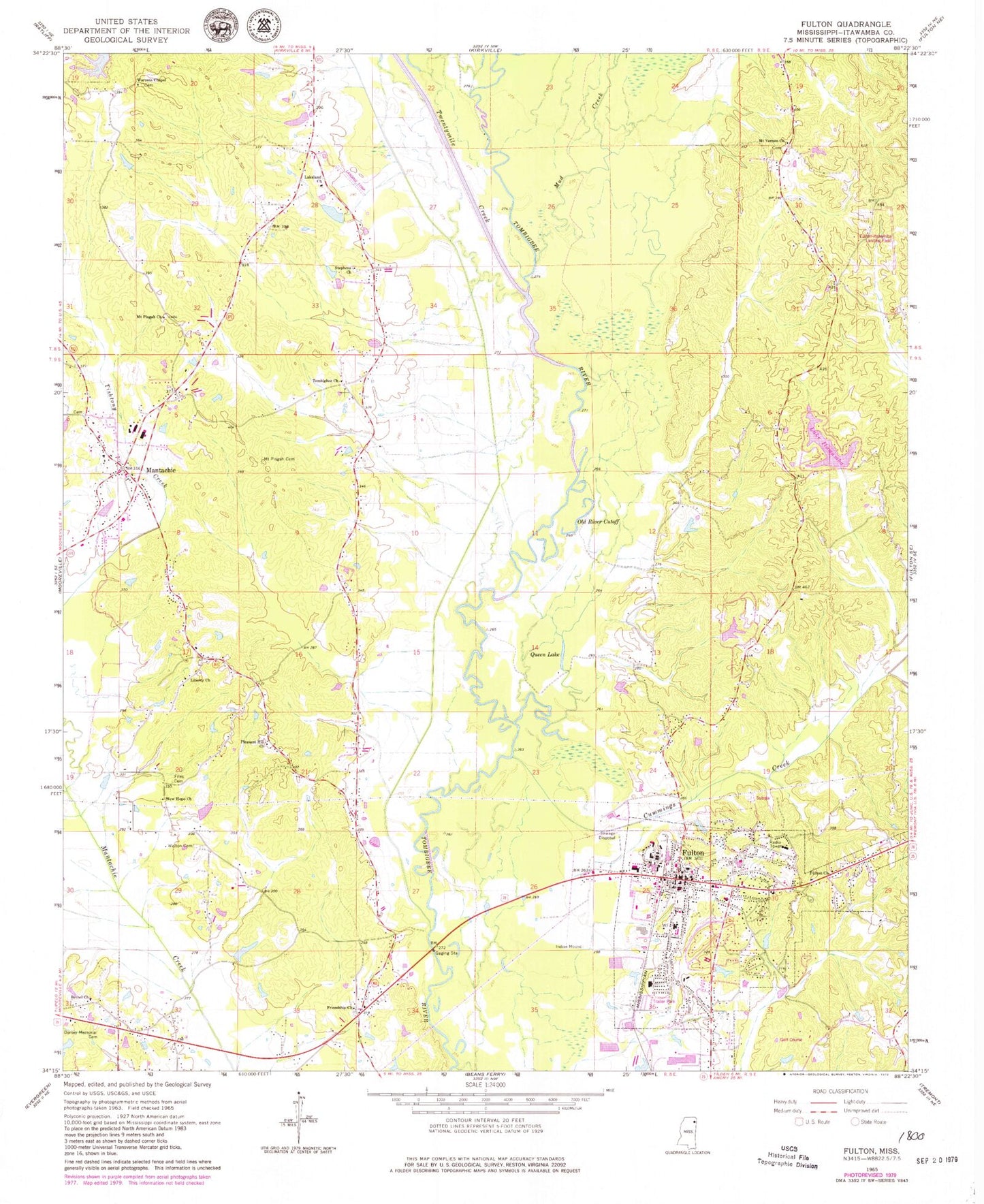 Classic USGS Fulton Mississippi 7.5'x7.5' Topo Map Image