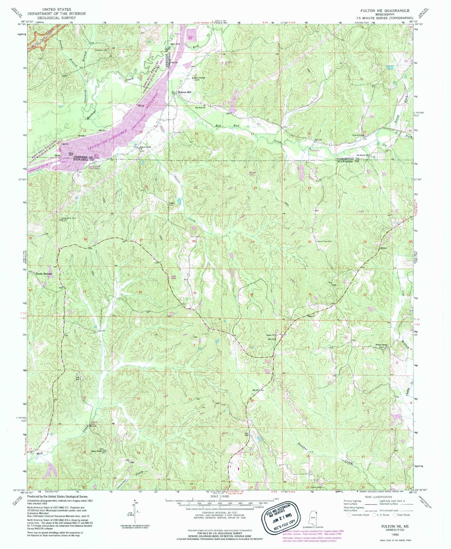 Classic USGS Fulton NE Mississippi 7.5'x7.5' Topo Map Image