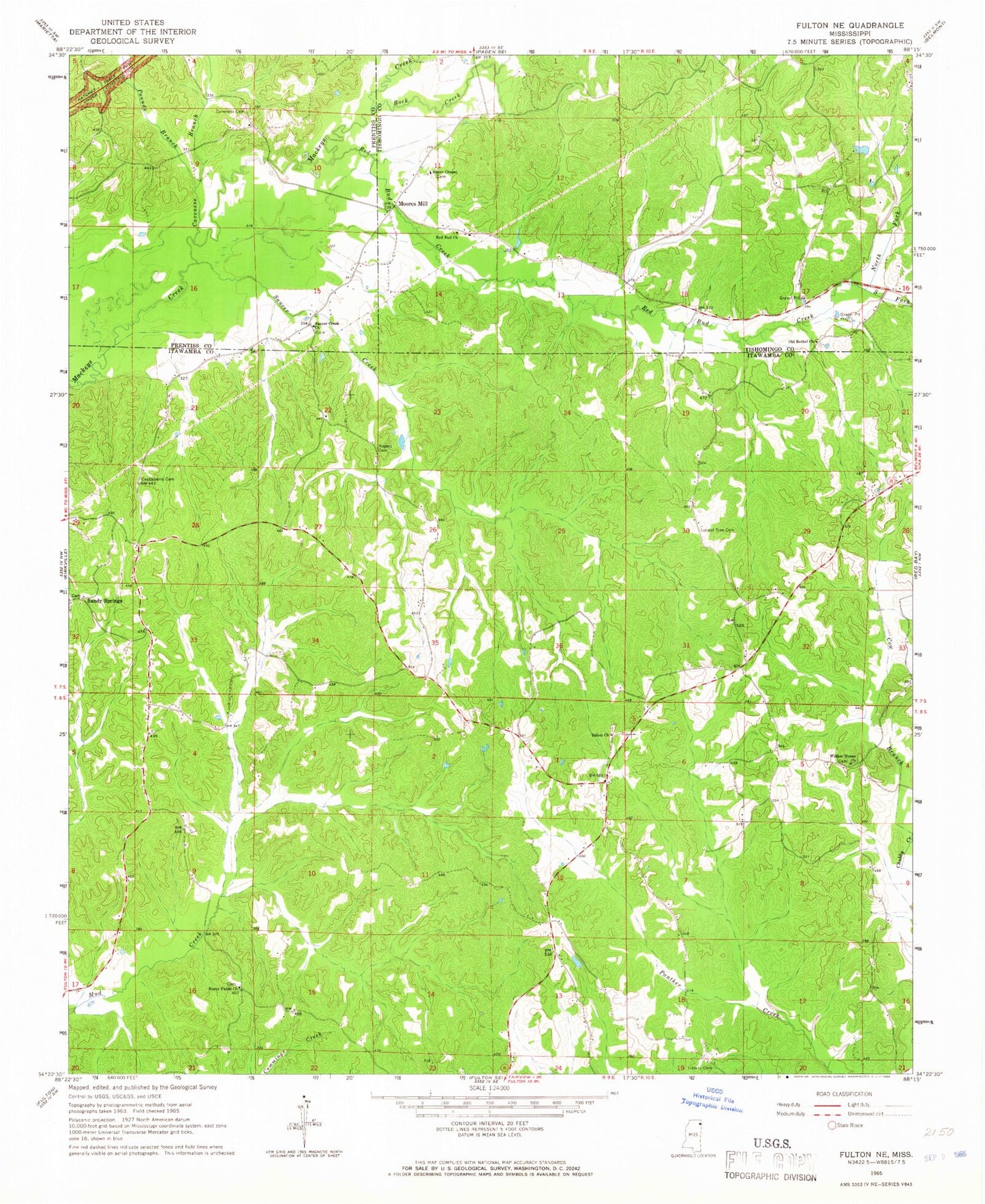 Classic USGS Fulton NE Mississippi 7.5'x7.5' Topo Map Image