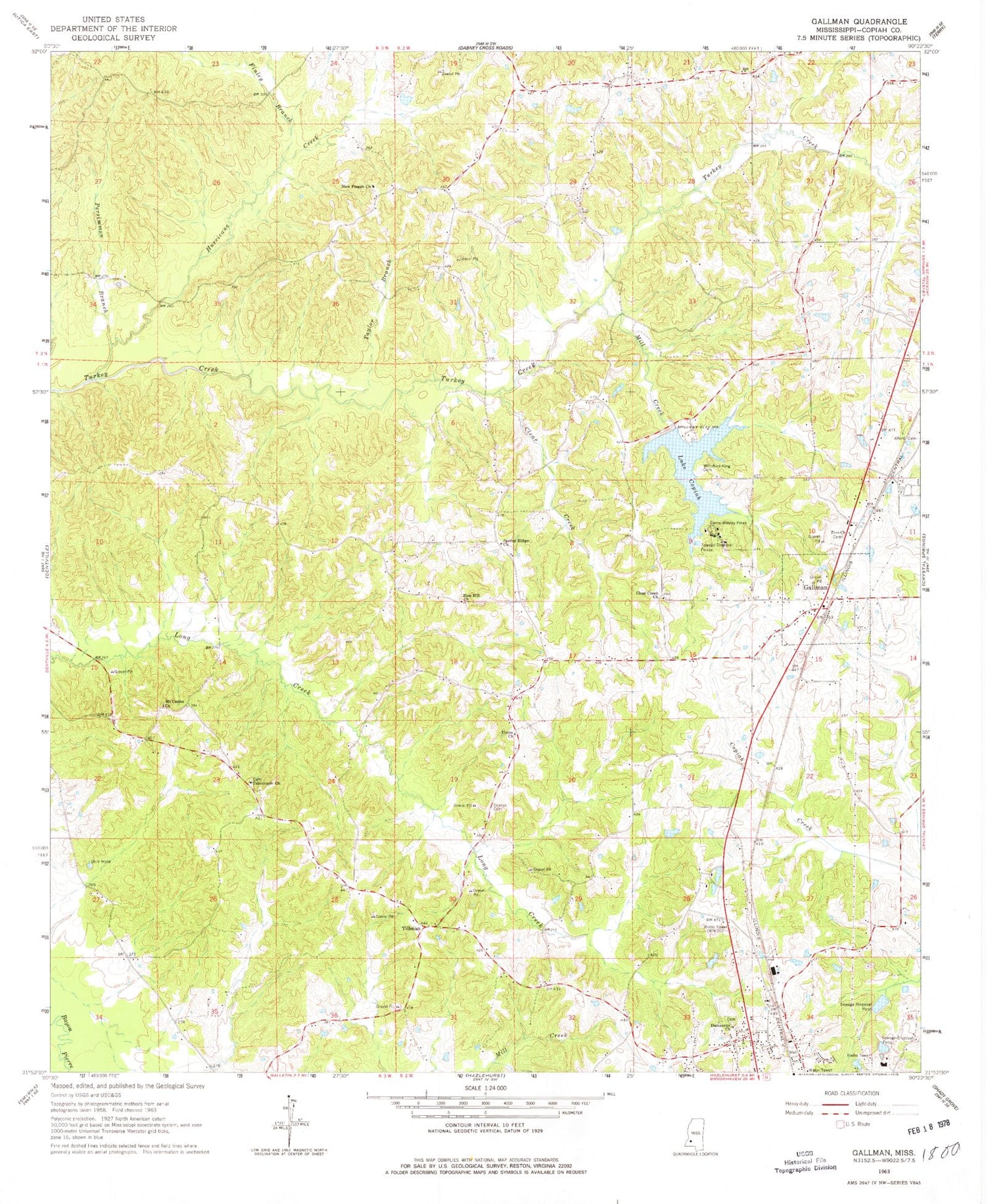 Classic USGS Gallman Mississippi 7.5'x7.5' Topo Map Image