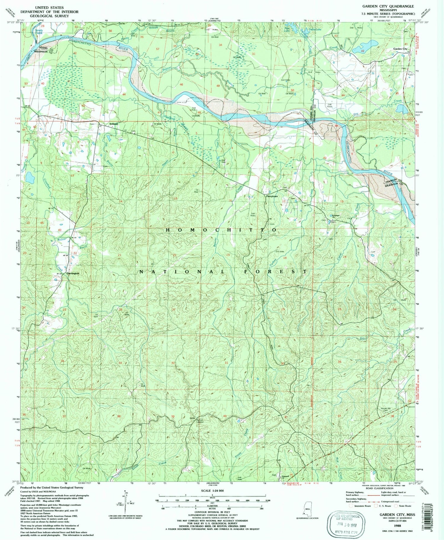 Classic USGS Garden City Mississippi 7.5'x7.5' Topo Map Image