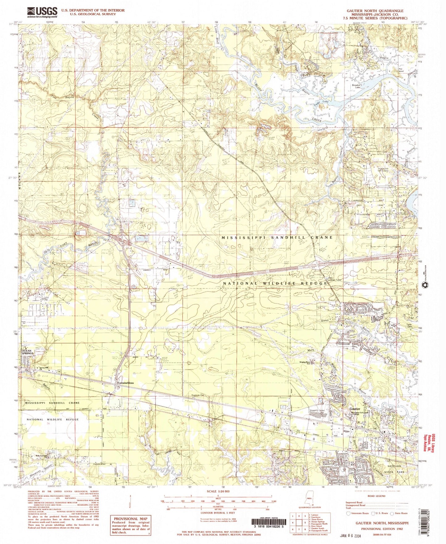 Classic USGS Gautier North Mississippi 7.5'x7.5' Topo Map Image