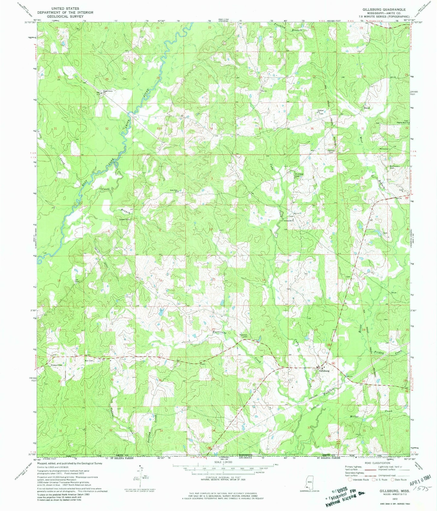 Classic USGS Gillsburg Mississippi 7.5'x7.5' Topo Map Image
