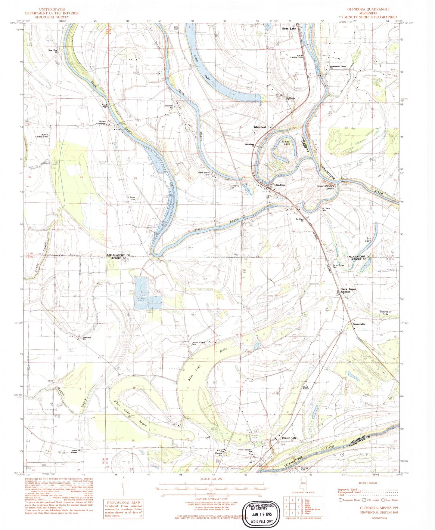Classic USGS Glendora Mississippi 7.5'x7.5' Topo Map Image