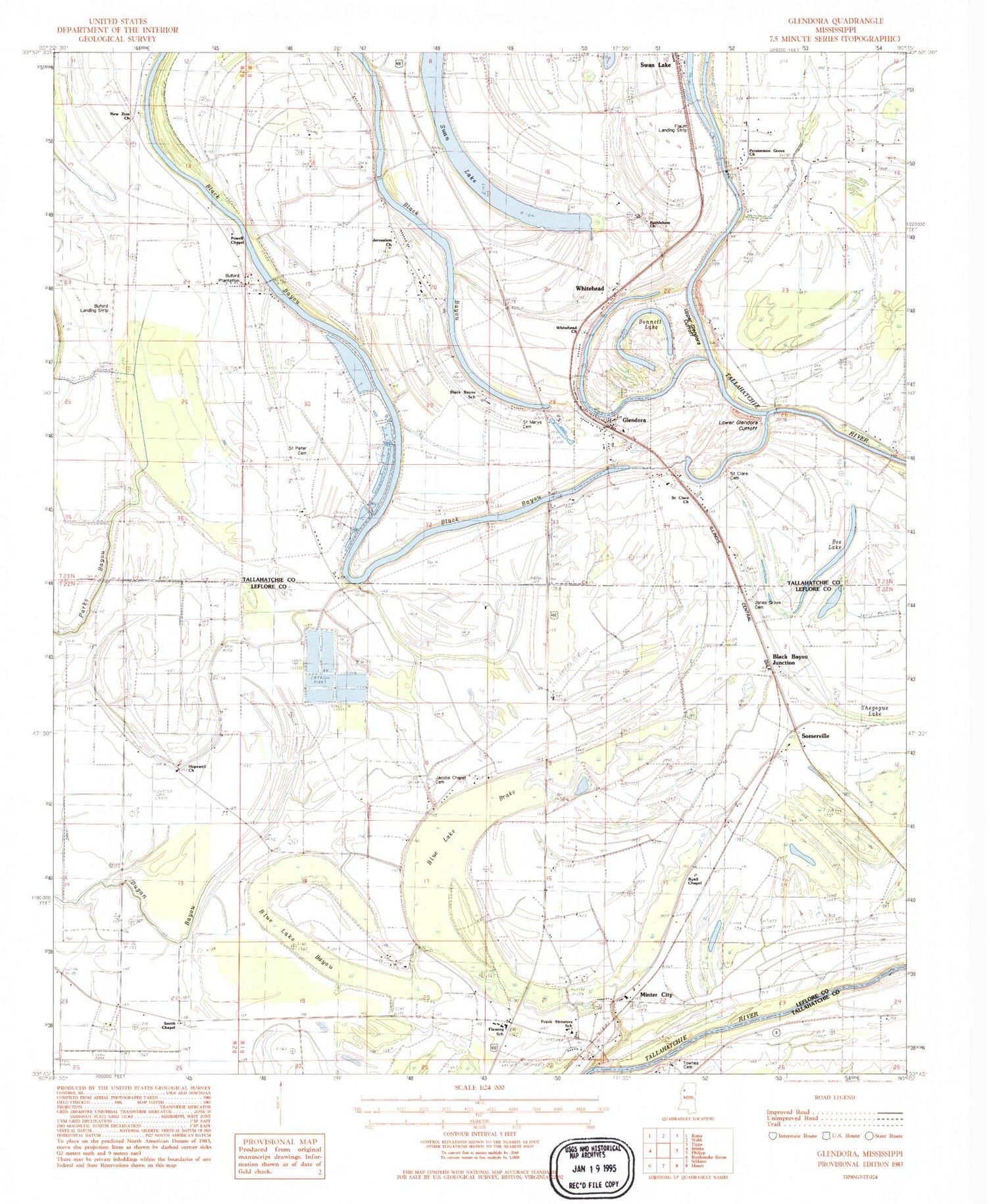 Classic USGS Glendora Mississippi 7.5'x7.5' Topo Map Image
